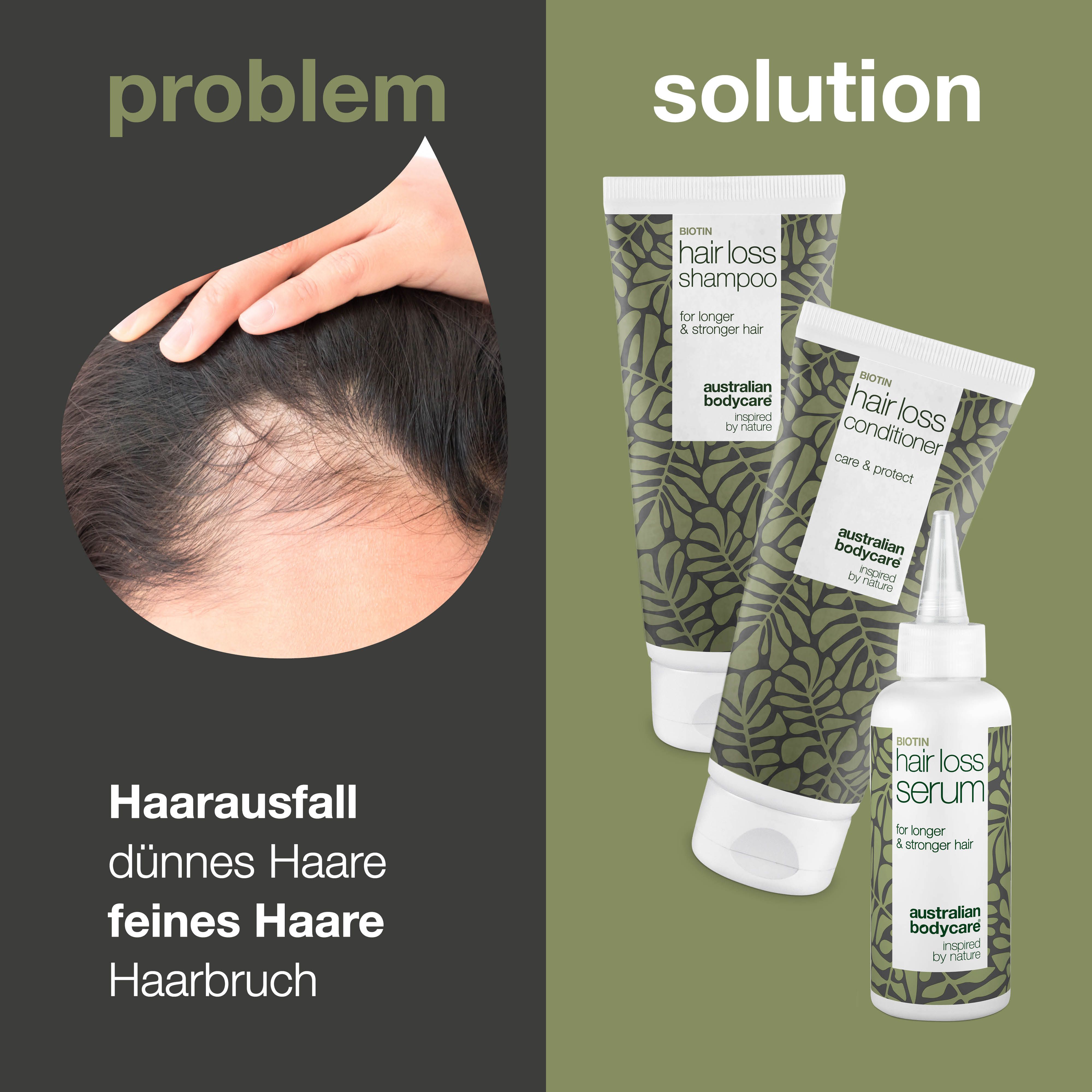 Haaransicht mit Text. Drei Produkte: Shampoo, Conditioner und Serum. Logo von Australian Bodycare.