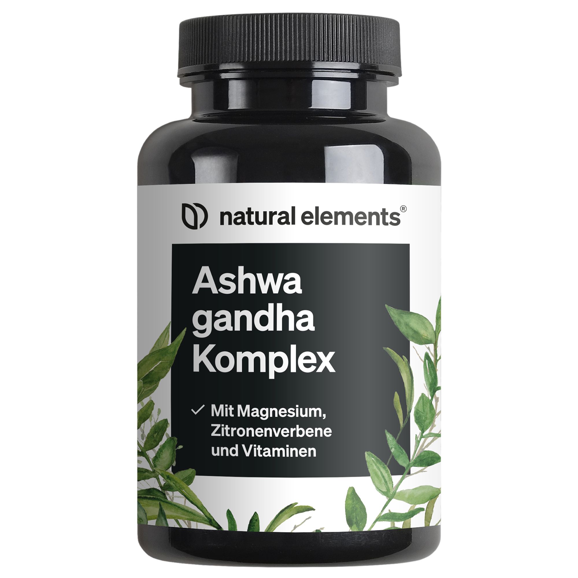 Schwarze Flasche mit weißem Etikett. Aufschrift: Ashwagandha Komplex. Enthält Magnesium, Zitronenverbene und Vitamine. Grünpflanzen-Dekor.