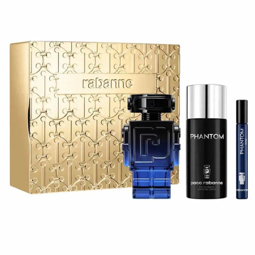 Paco Rabanne Phantom Geschenkset mit Roboter-Parfümflakon, Deodorant und kleinem Parfümroller.