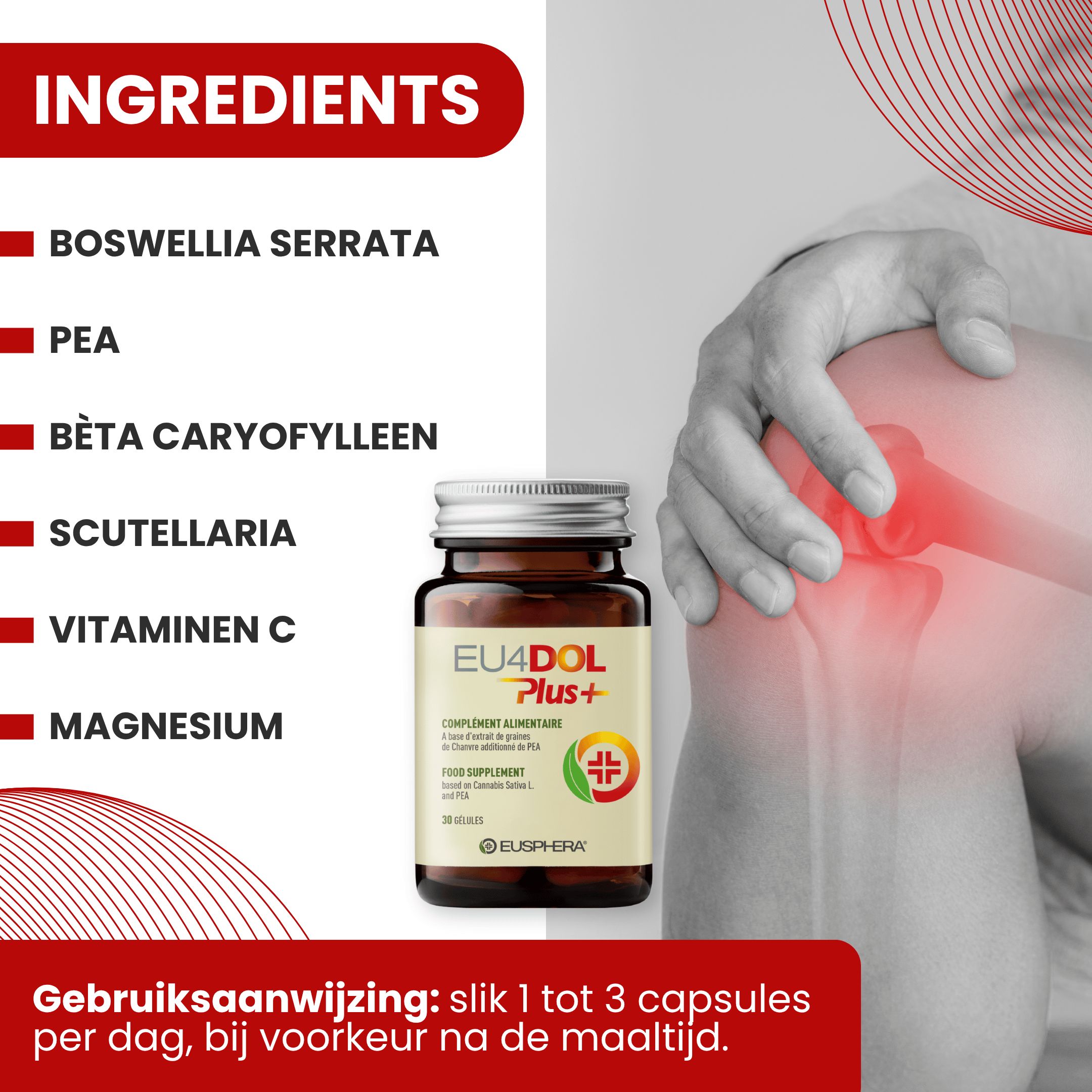 Vrouw met buik. EU4DOL Plus+ fles. Tekst: Ideaal voor gastro-intestinale ontstekingen. Eusphera logo.