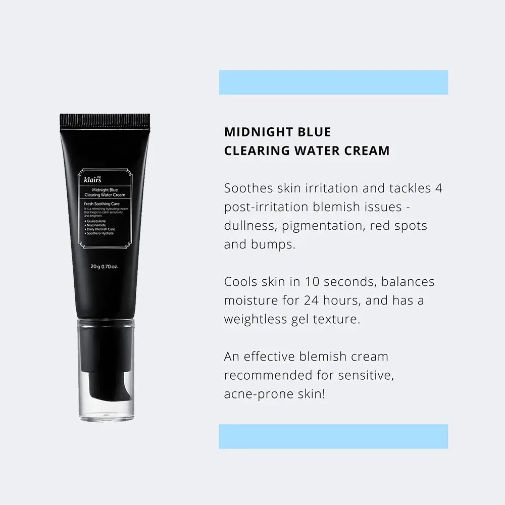 Schwarze Tube mit weißem Text. Produktname: Midnight Blue Clearing Water Cream. Text: Beruhigt Hautreizungen. Empfohlen für empfindliche, zu Akne neigende Haut.