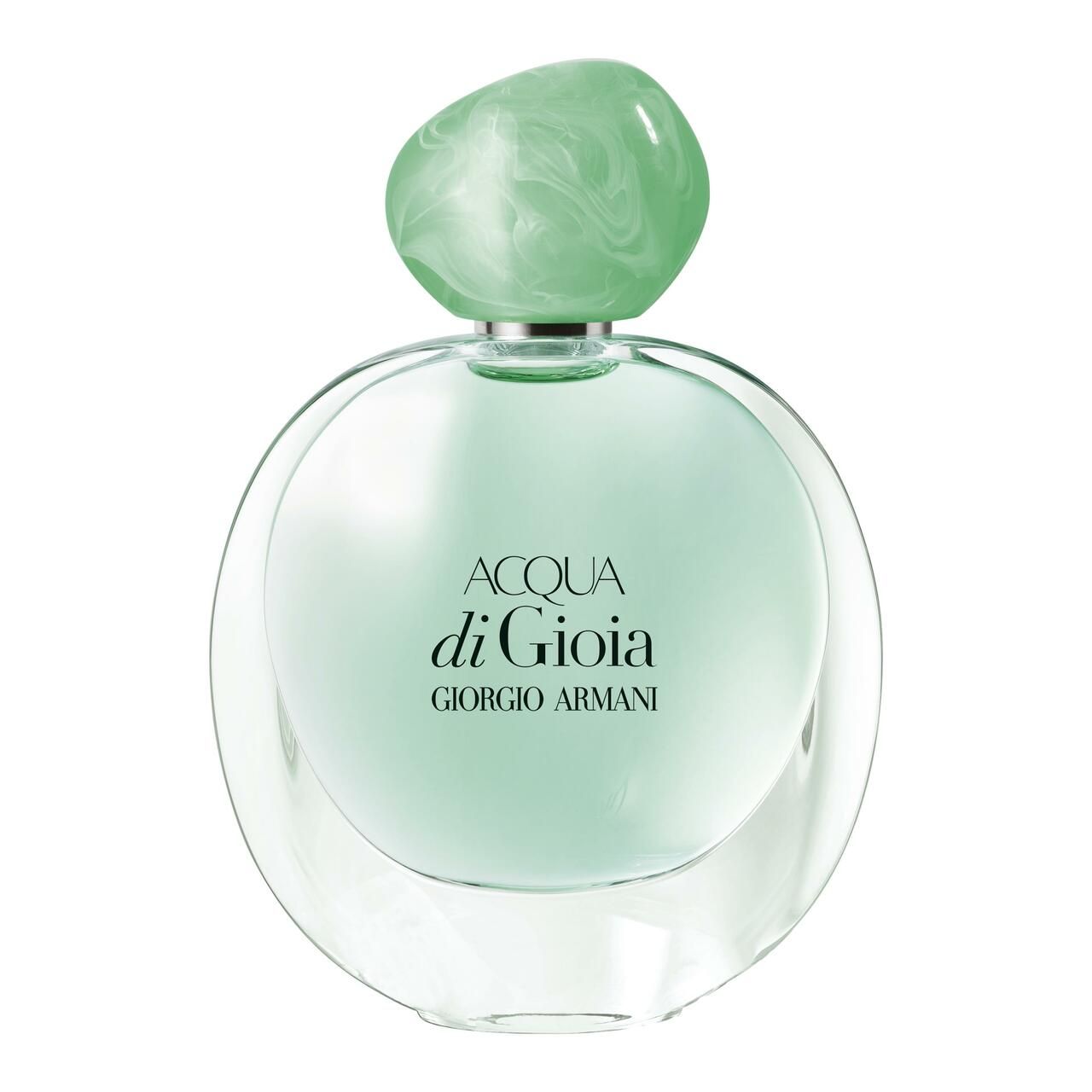Runder Flakon ACQUA di GIOIA. Grüner Deckel. Aufschrift: ACQUA di GIOIA, GIORGIO ARMANI.