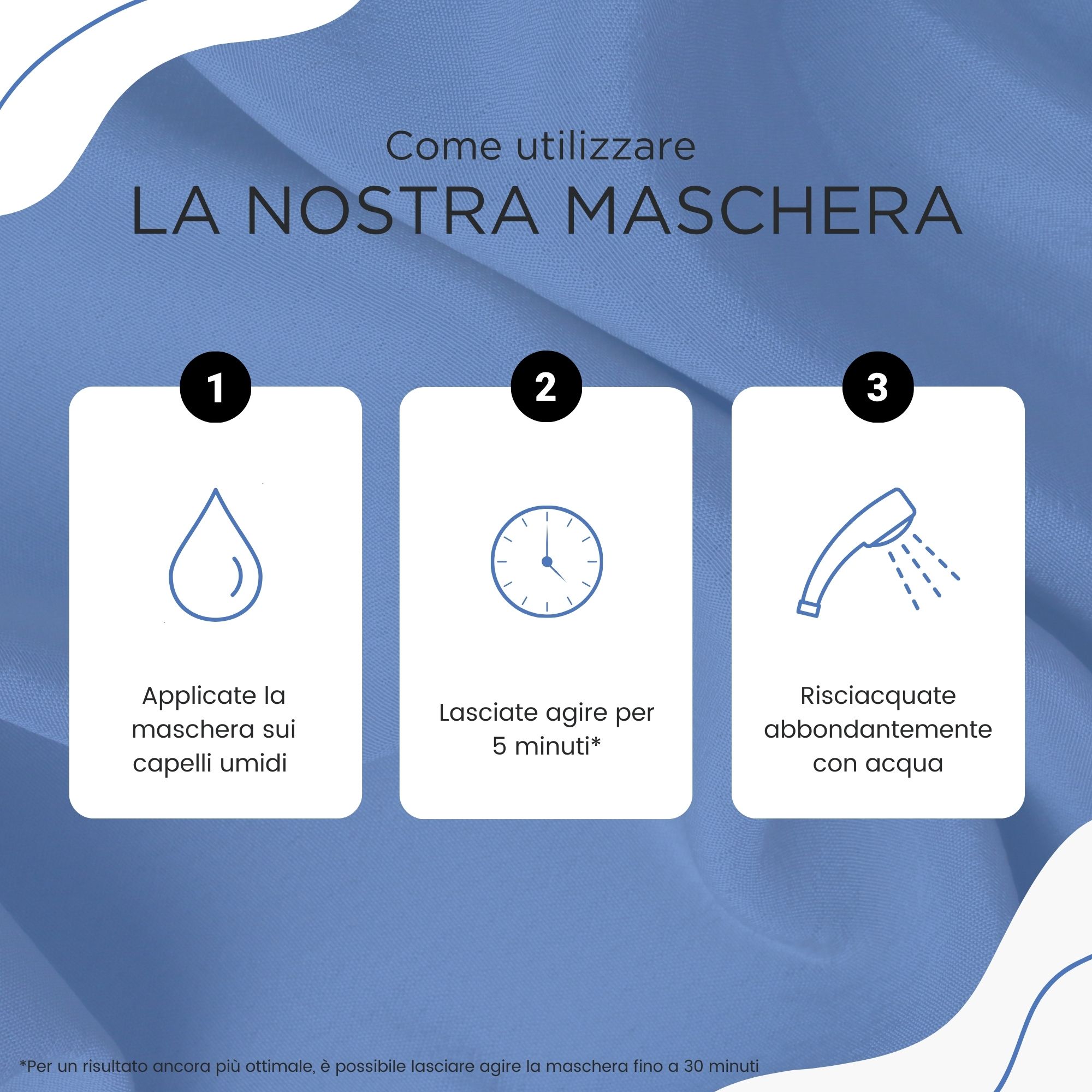 Fasi di utilizzo: 1. Applicare la maschera sui capelli umidi. 2. Lasciare agire per 5 minuti. 3. Risciacquare abbondantemente.