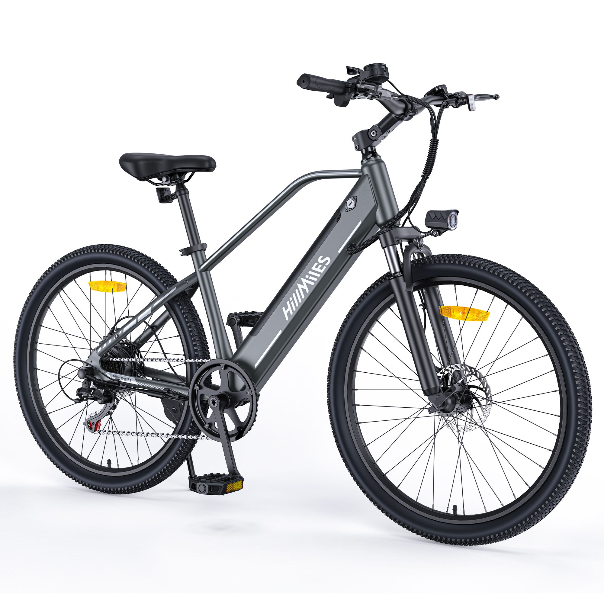 Elektrofahrrad mit grauem Rahmen. Schwarze Reifen, Sattel und Lenker. Auf dem Rahmen steht "HillMiles".