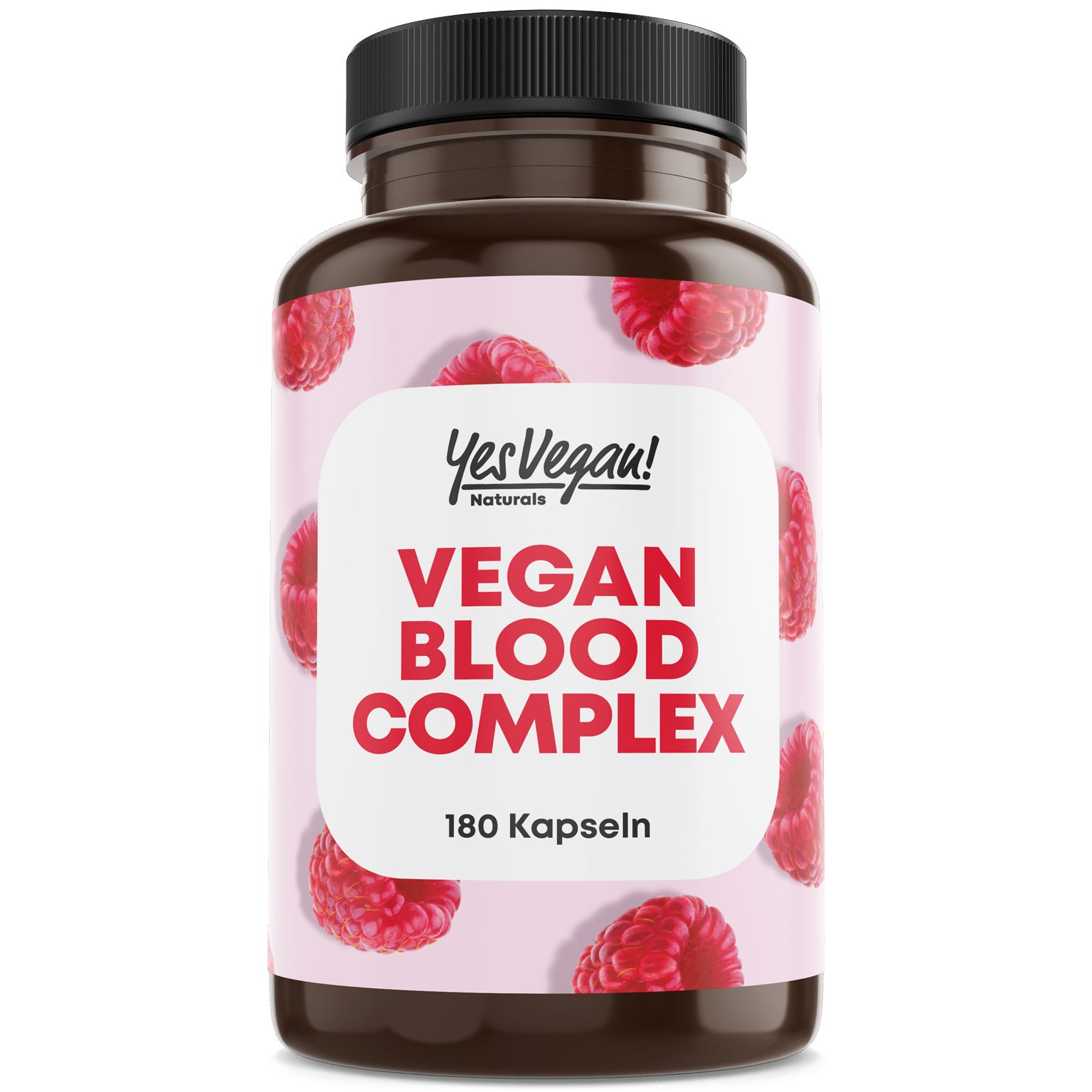 Braune Flasche mit Kapseln. Aufschrift: Vegan Blood Complex, 180 Kapseln. Himbeeren-Muster. Vegan-Siegel.