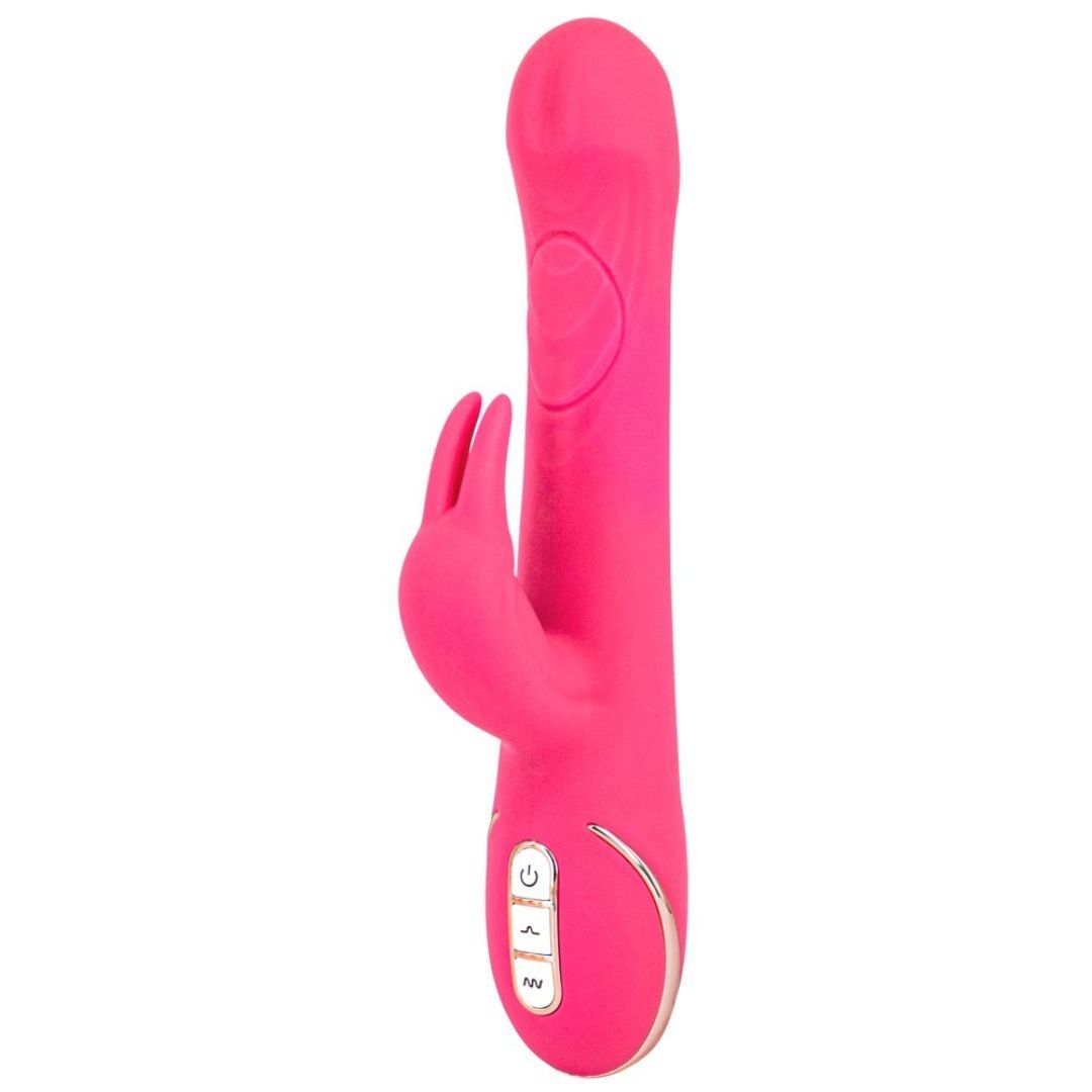 Pinkfarbener Vibrator mit Hasenohren-Design. Bedienfeld mit Symbolen. Goldfarbene Akzente.