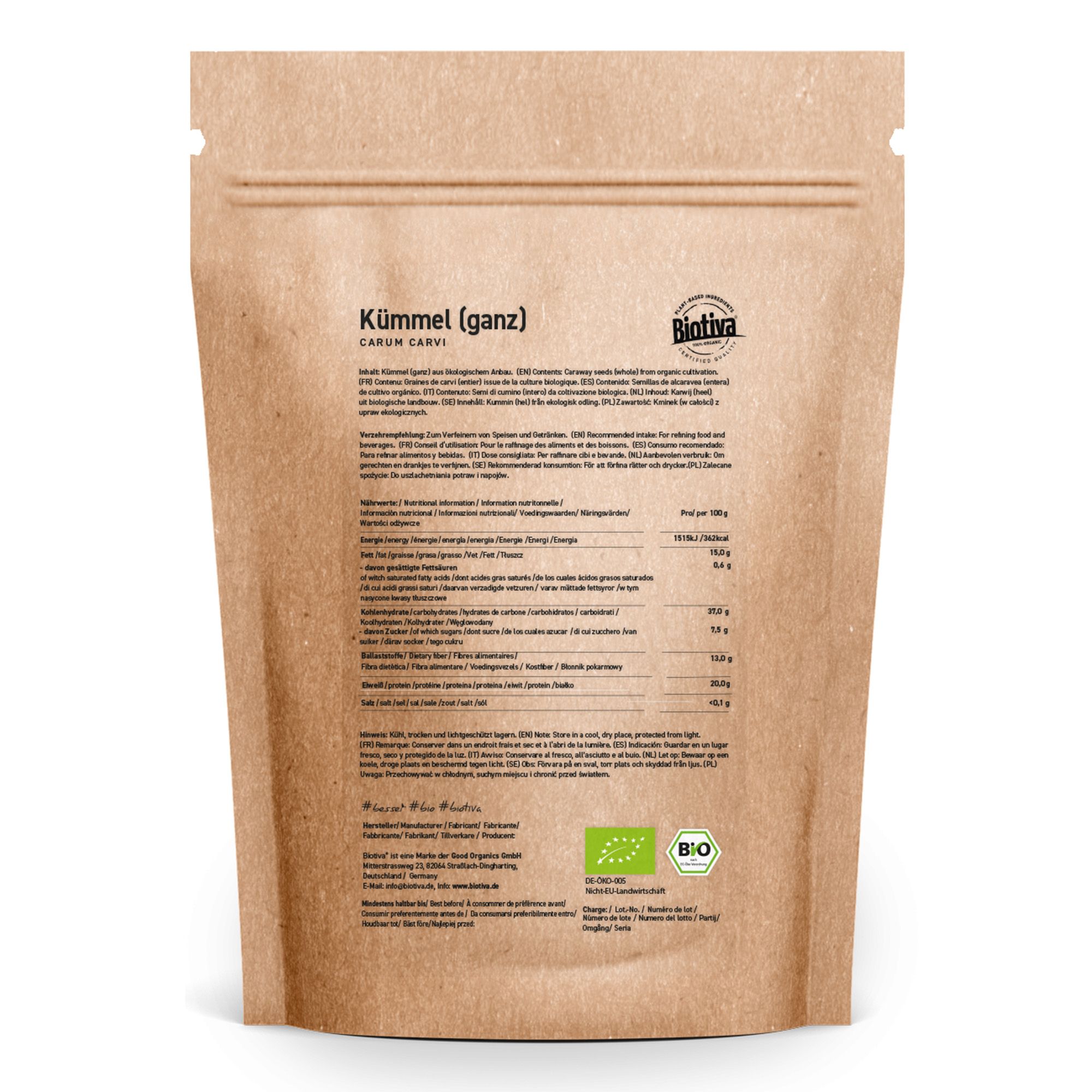 Braune Papiertüte mit Produktinformationen. Aufdruck: Kümmel (ganz), Biotiva, Bio-Zertifizierung.