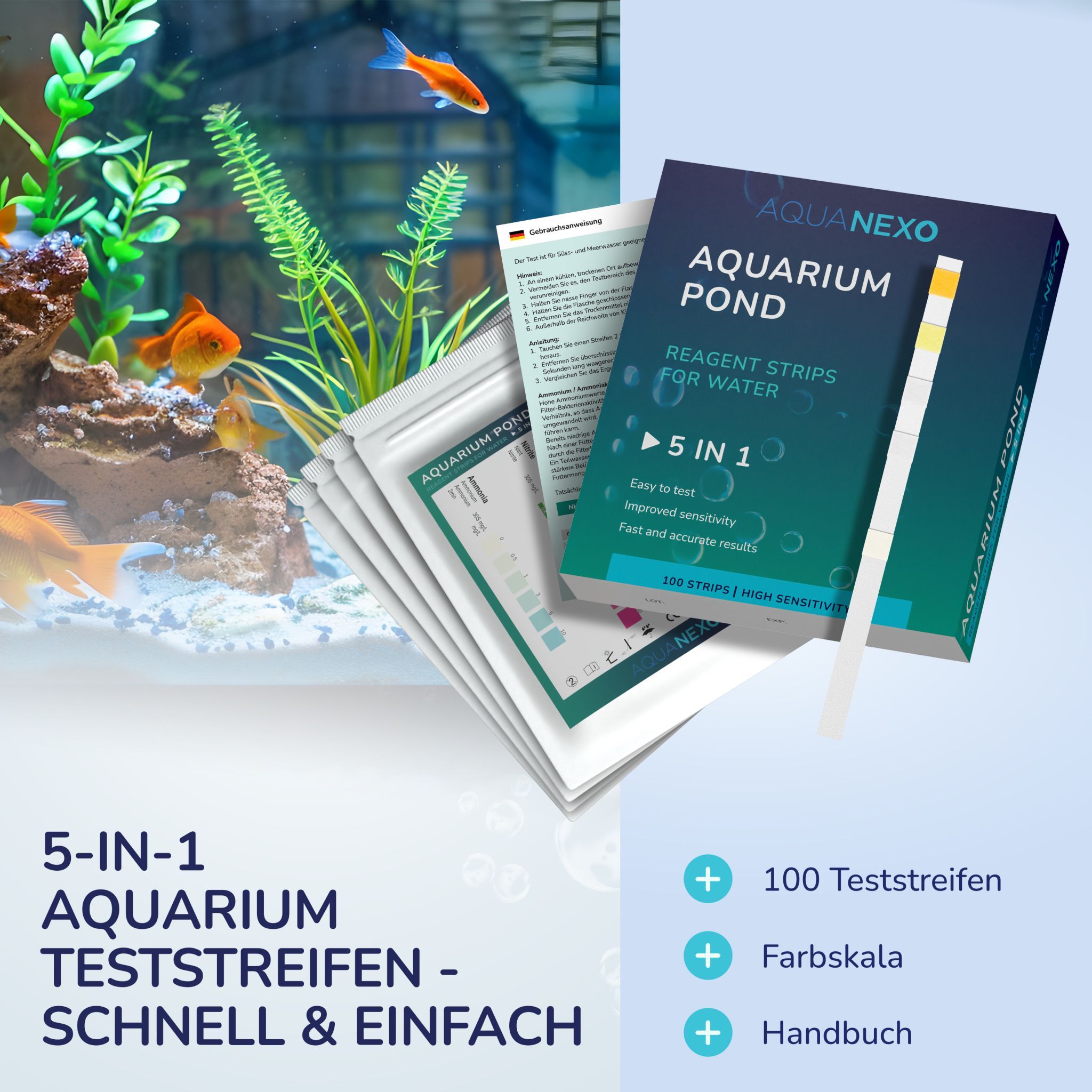 Aquarium mit Fischen und Pflanzen. Packung Aquanexo 5in1 Teststreifen. 3 Beutel mit Teststreifen. Text: 5-IN-1 Aquarium Teststreifen.