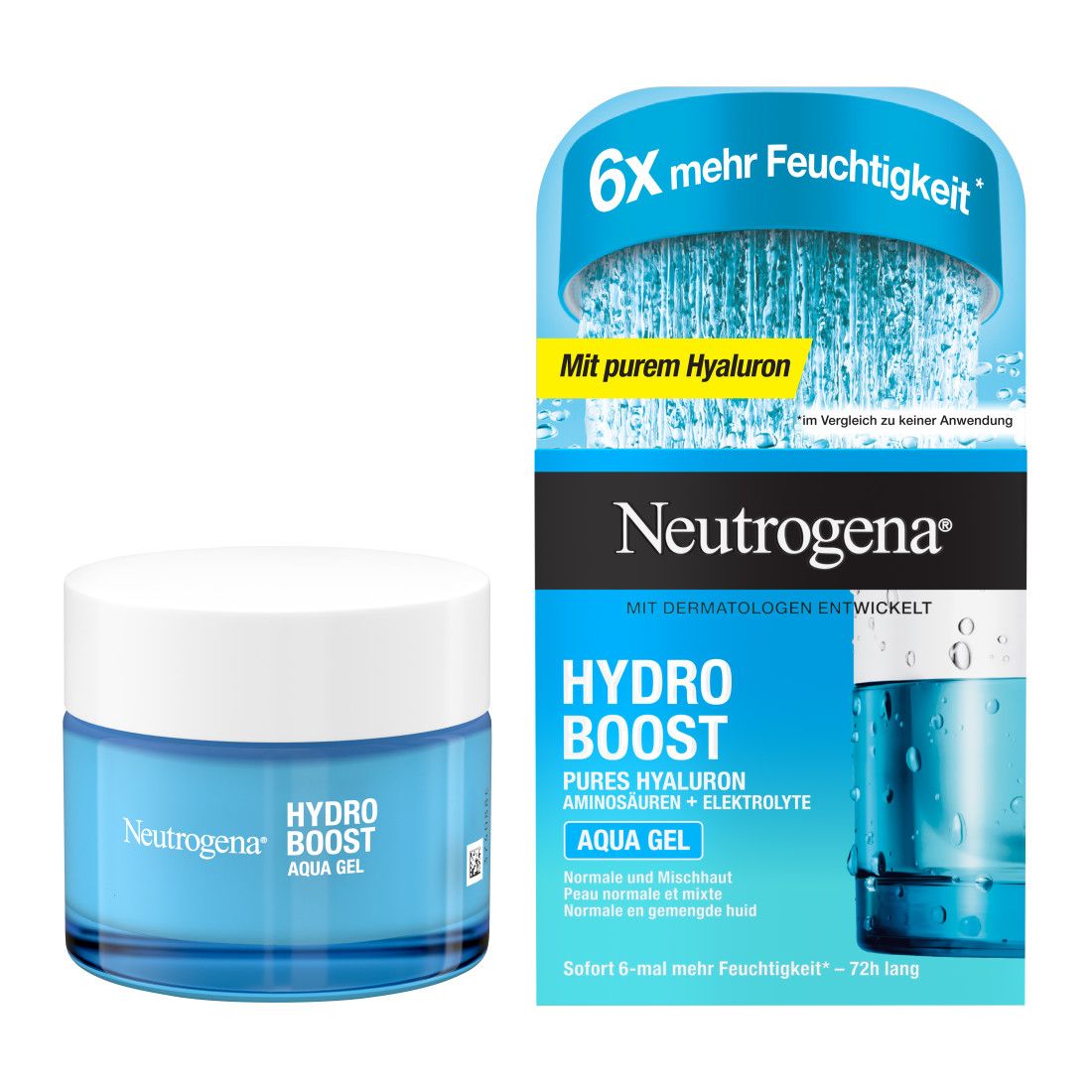 Neutrogena Hydro Boost Aqua Gel Tagescreme. Blaue Creme-Dose und Verpackung. Text: Hydro Boost Aqua Gel, 6x mehr Feuchtigkeit.