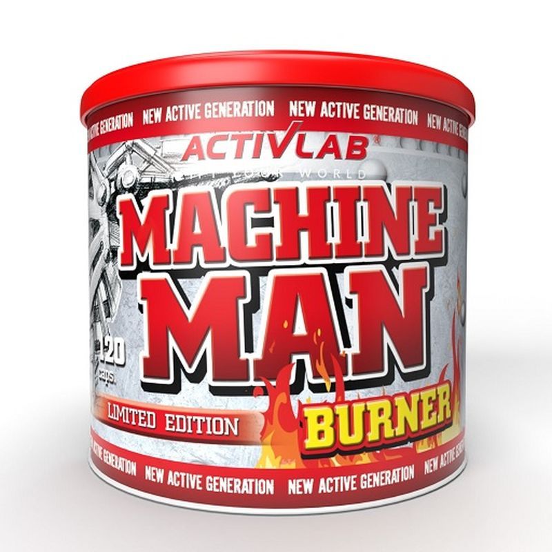 Rote Dose mit "Activlab Machine Man Burner"-Etikett. "Limited Edition" und Flammen-Design. Deckel rot.