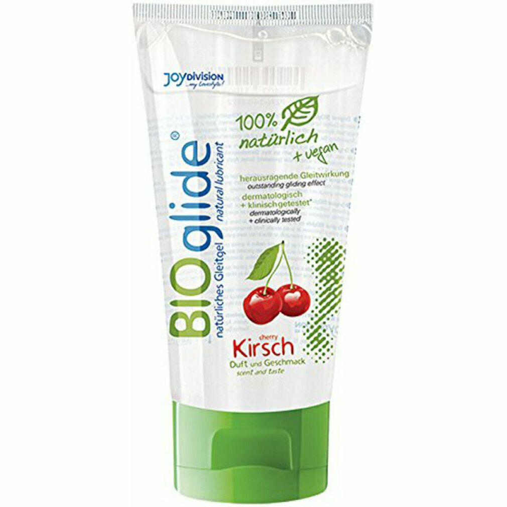 BIOglide Gleitgel Kirsche Tube. Transparent, grün. Kirschen-Abbildung. Text.