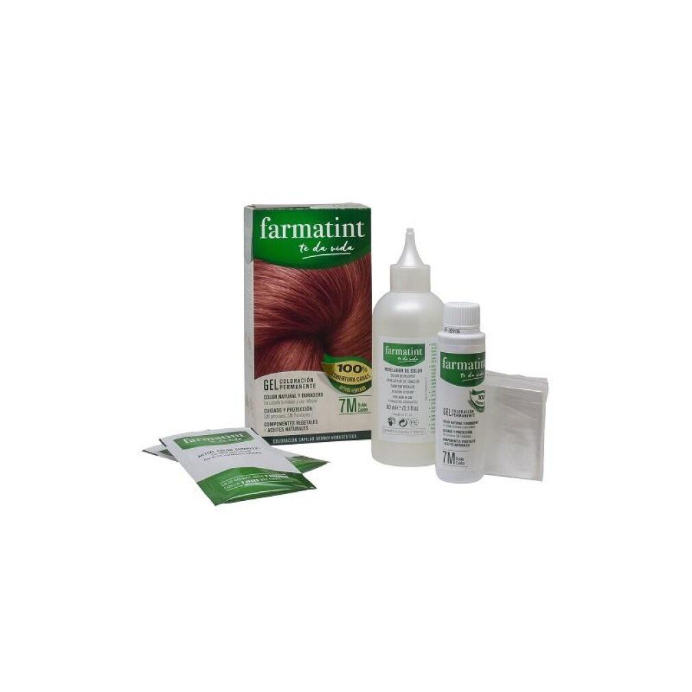 Farmatint Haarfarbset mit Kartonverpackung, Applikatorflasche, Entwicklerflasche und Beuteln.