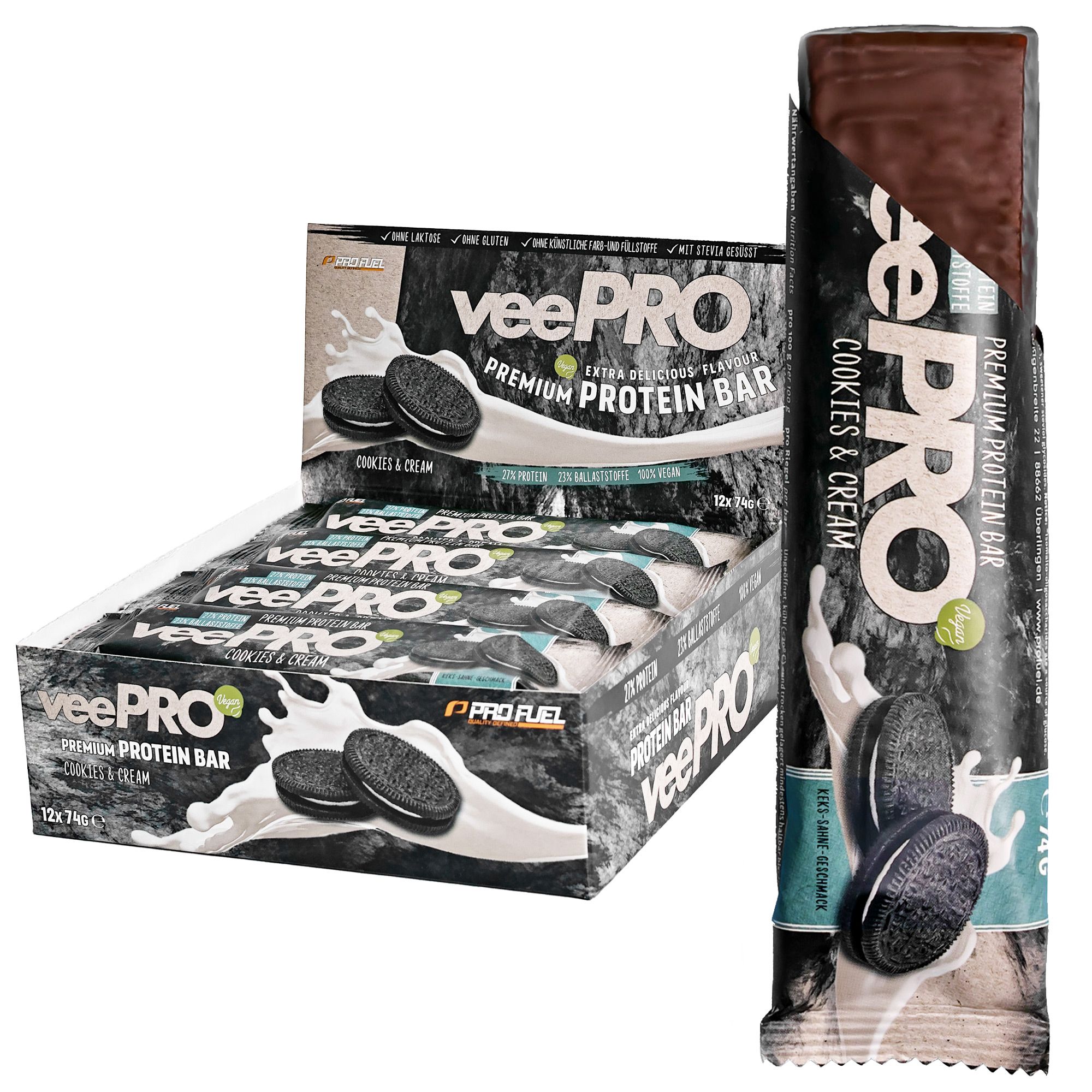 ProFuel - veePRO Proteinriegel - Cookies & Cream - 27% Protein, ballaststoffreich, zuckerarm & vegan