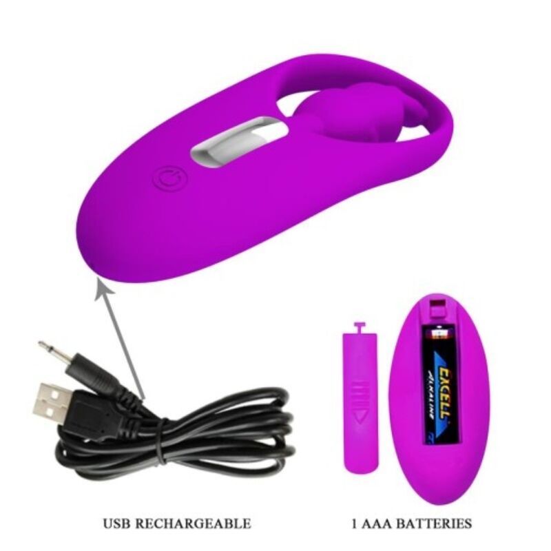 Lila Vibrator mit USB-Ladekabel und Batterien. Aufschrift: USB RECHARGEABLE, 1 AAA BATTERIES. Weißer Knopf.
