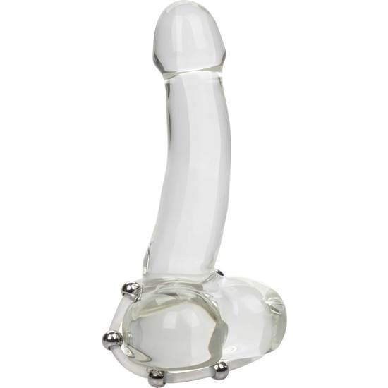 Glas-Dildo mit Metallkugeln am Sockel. Das Produkt ist transparent und steht auf weißem Hintergrund.