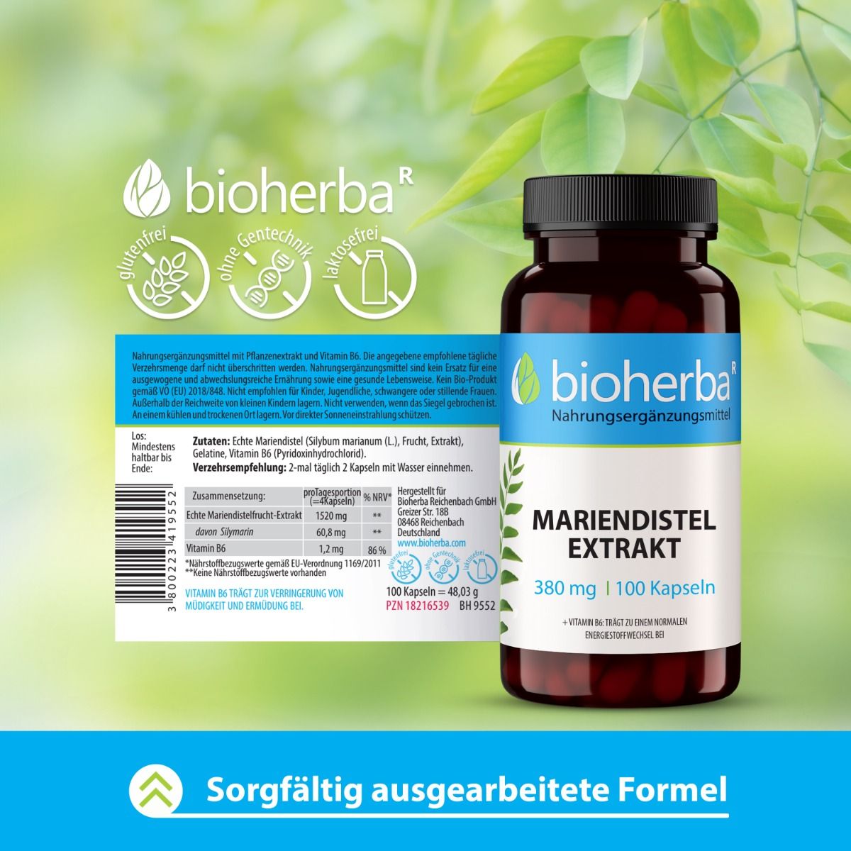 Flasche mit Kapseln. Etikett mit Mariendistel Extrakt. Text: 380 mg | 100 Kapseln. Logo Bioherba. Sorgfältig ausgearbeitete Formel. Glutenfrei, ohne Gentechnik.