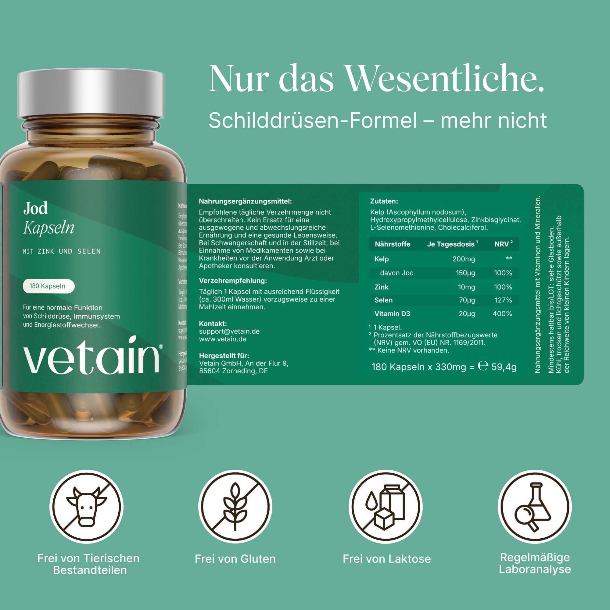 VETAIN Jod Komplex für Schilddrüse - mit Jod aus Bio-Kelp, Selen, Vitamin D3, Zink - 100% Vegan