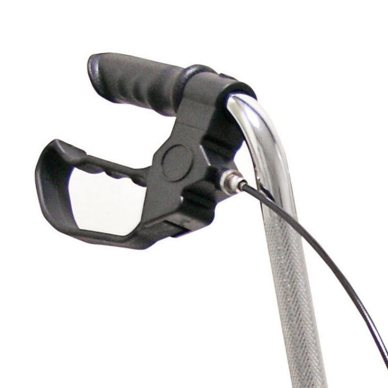 Rollator-Griff mit schwarzem Griff und Bremshebel. Graues Metallrohr. Schwarzes Kabel.