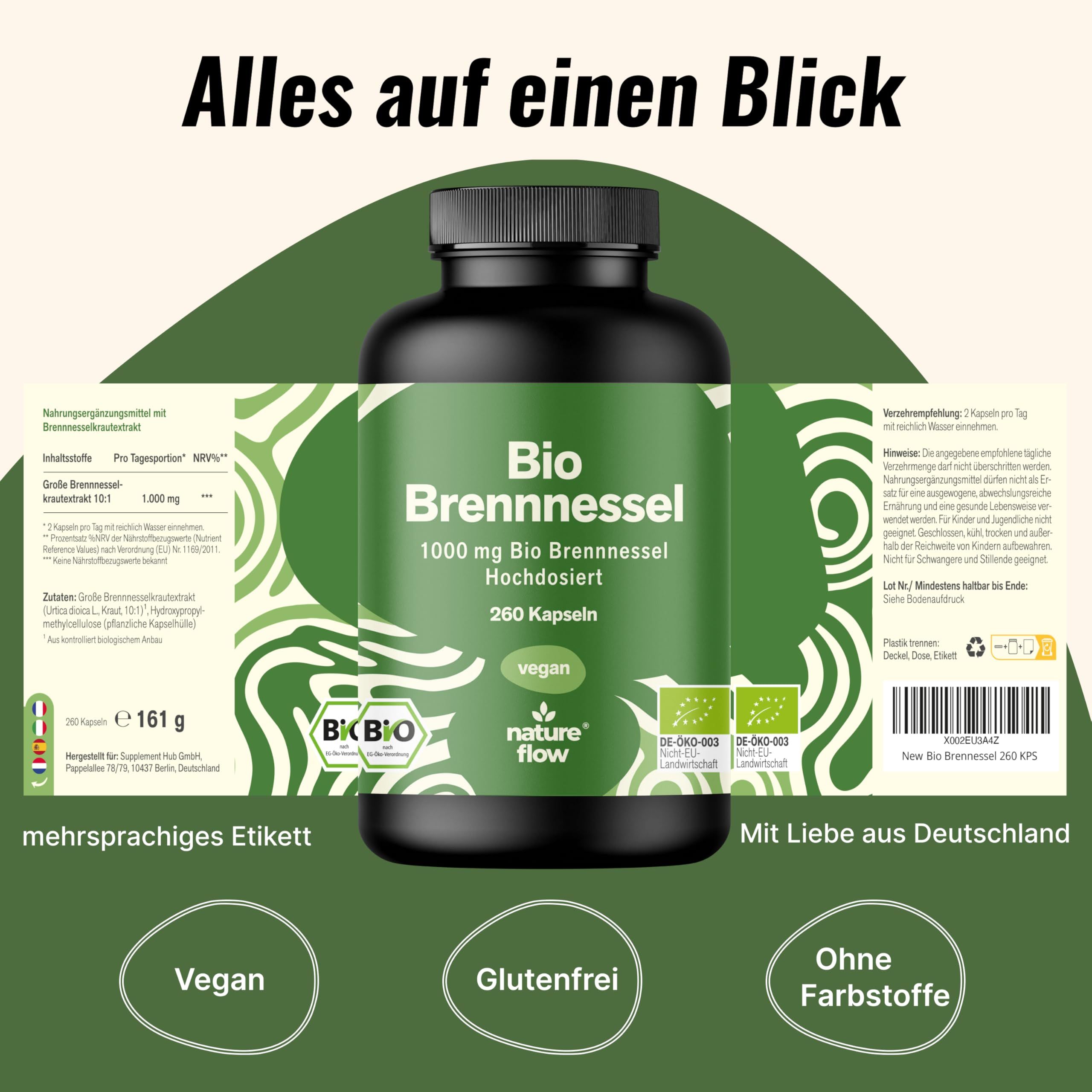 Produktflasche mit Etikett. Text: Bio Brennnessel, 1000 mg, 260 Kapseln. Vegan, glutenfrei, ohne Farbstoffe. Logo: Nature Flow, Bio-Siegel, DE-ÖKO-003.