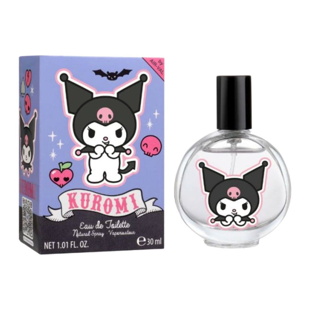 Kuromi Eau de Toilette. Flakon und Verpackung mit Kuromi-Illustration. 30 ml Flakon. Verpackung mit Produktname und Logo.