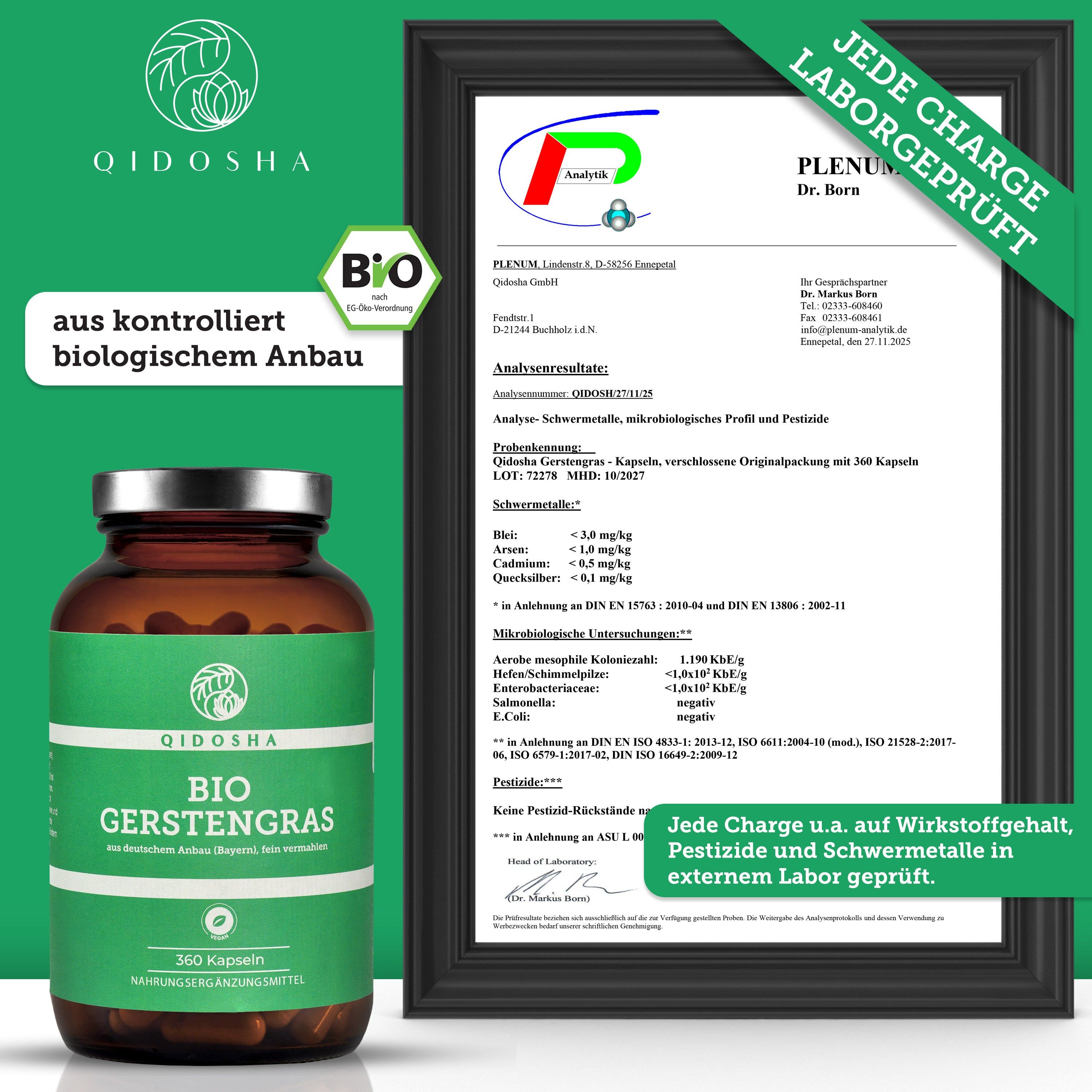 Braune Glasflasche mit grünem Etikett. Aufschrift: QIDOSHA Bio Gerstengras. Bio-Siegel. Zertifikat mit Laborergebnissen. Aus kontrolliert biologischem Anbau.