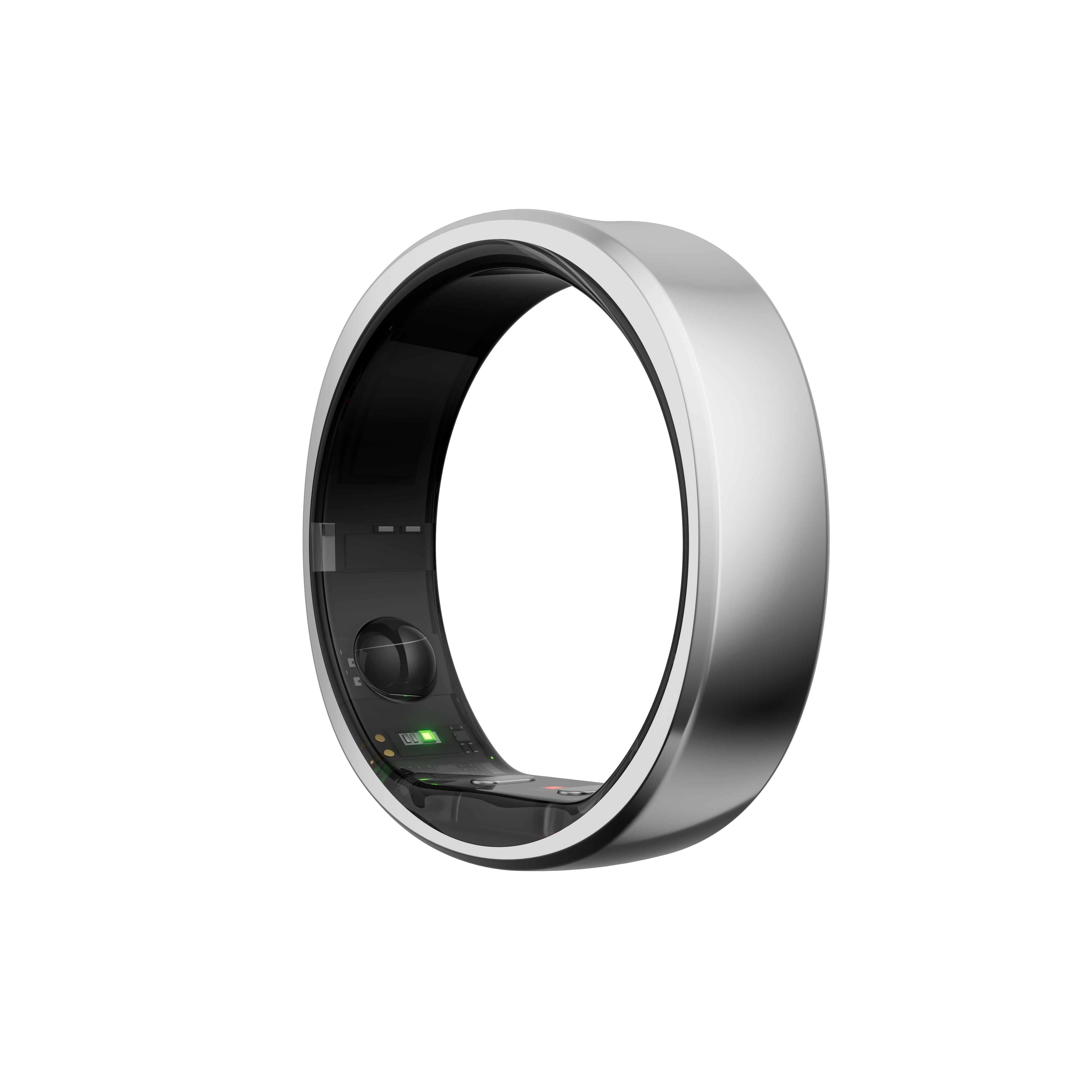 Silberfarbener Ring mit schwarzem Innenband. Der Ring hat eine abgerundete Form und ist auf weißem Hintergrund abgebildet.