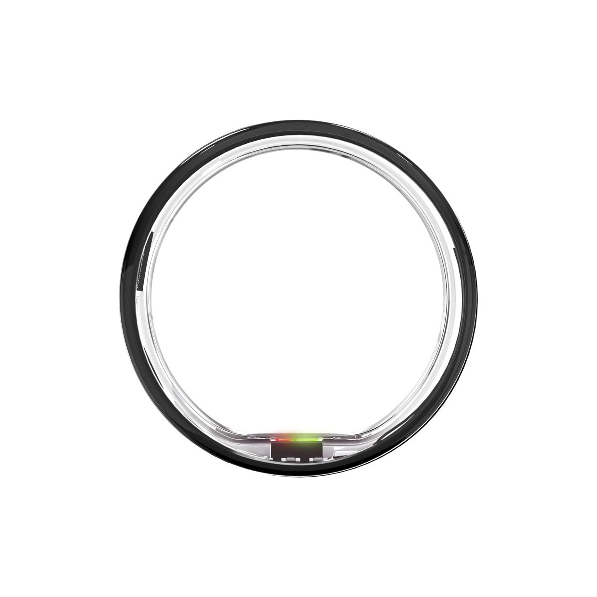 Schwarzer Ring mit transparentem Innenring. Sichtbare Sensoren mit grünen und roten Lichtern.