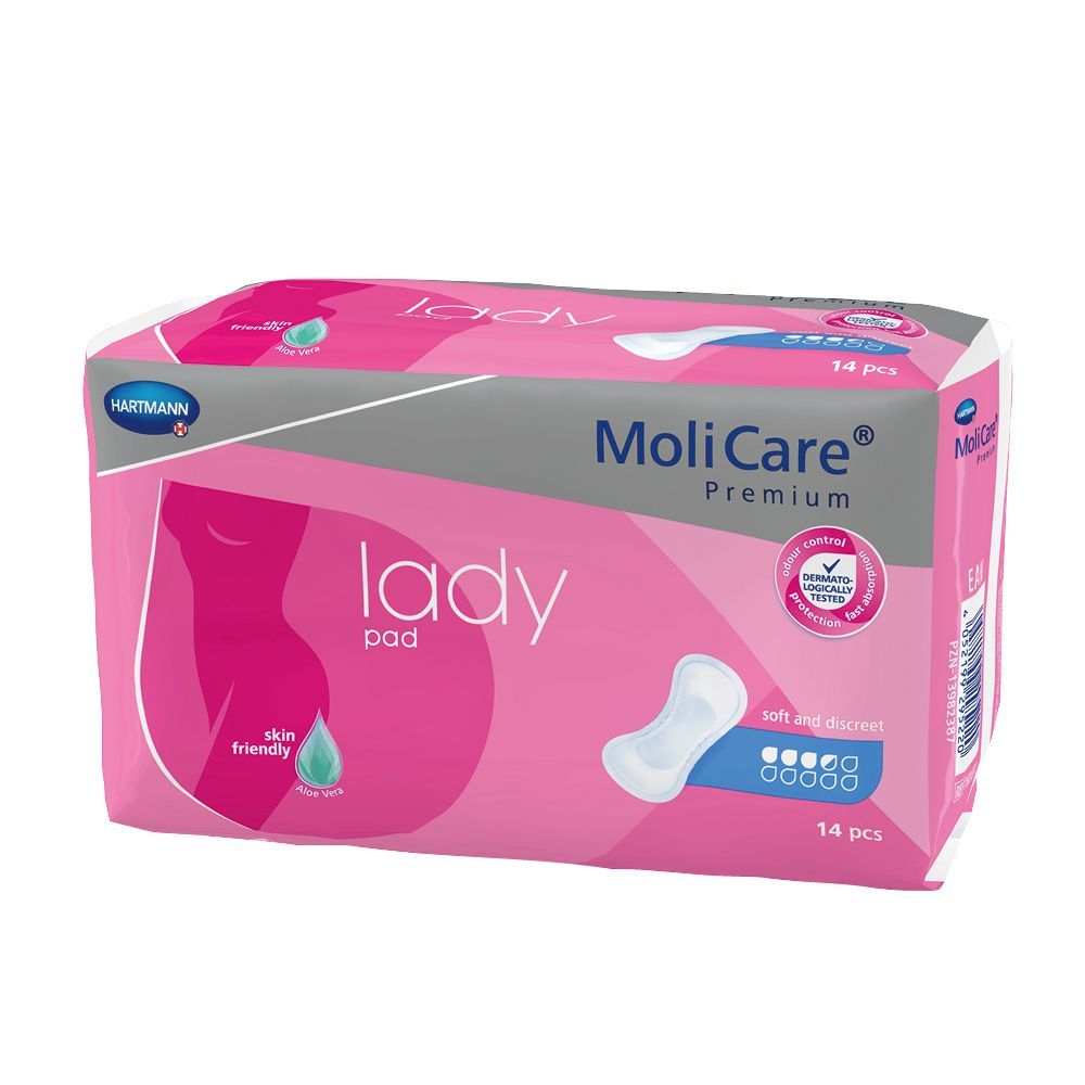 Rosa Verpackung mit MoliCare Lady Pad. 14 Stück. Hautfreundlich, Aloe Vera. Zertifiziert. Weich und diskret.