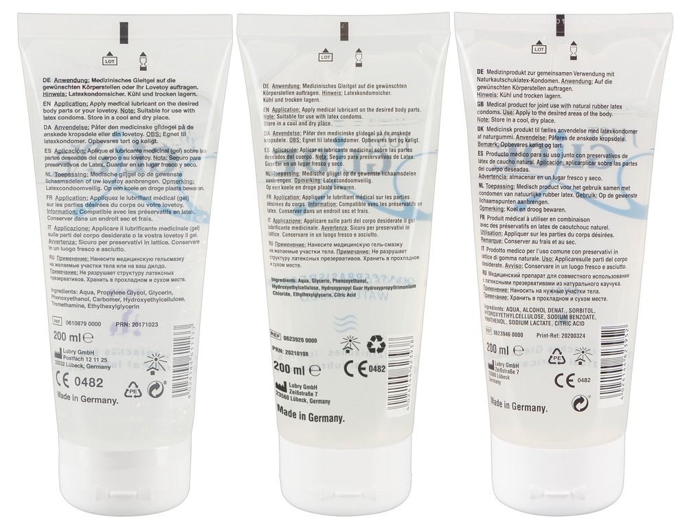 Drei Tuben JUST GLIDE med.Gleitgel. Rückseite mit Text. 300ml, 200ml, 100ml. Medizinprodukt. Transparente Tube mit weißem Deckel.