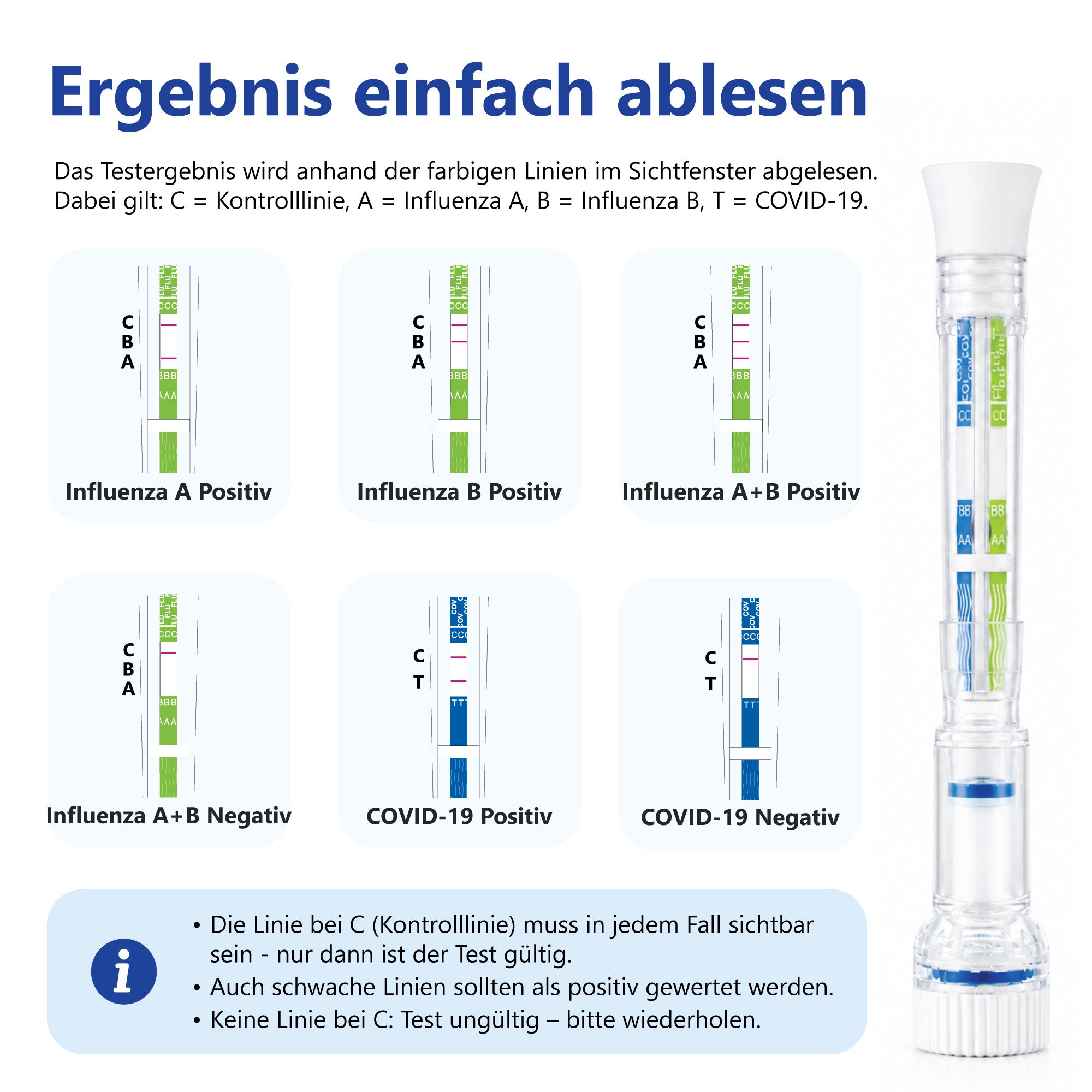 Teststab und Ergebnisübersicht. Verschiedene Ergebnislinien. Text: Ergebnis einfach ablesen.