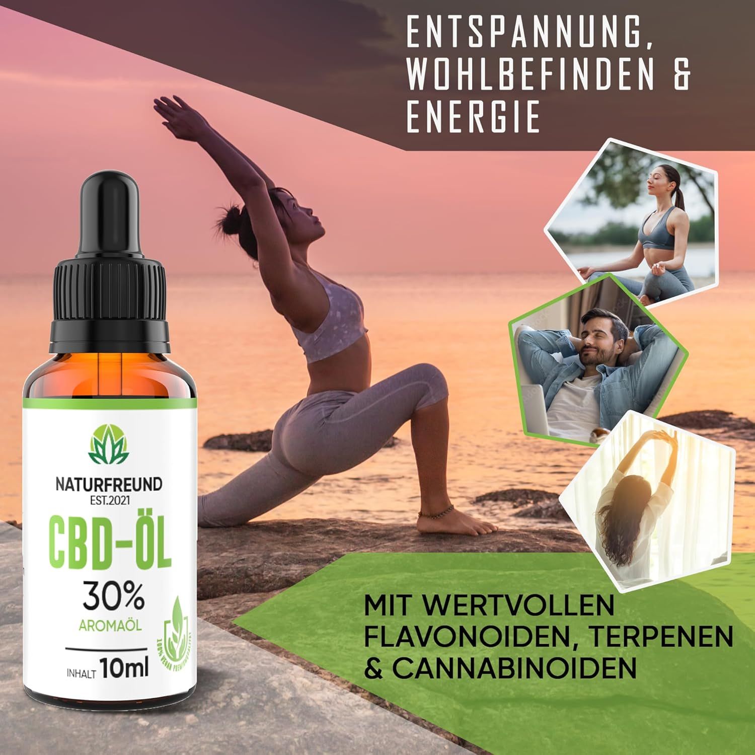 Braune Glasflasche mit schwarzer Pipette. Etikett mit Logo und Text: CBD-Öl 30%. Frau beim Yoga. Text: Mit wertvollen Flavonoiden, Terpenen & Cannabinoiden.