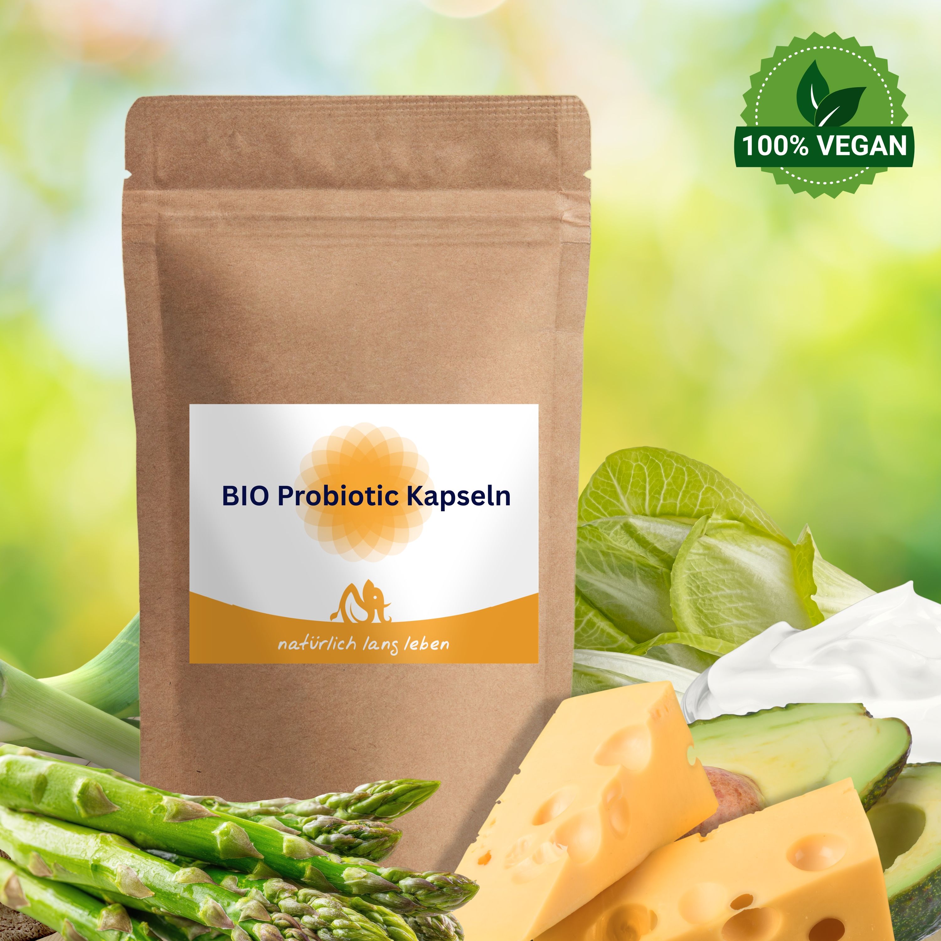 Braune Standbodenbeutel mit Etikett. Aufschrift: BIO Probiotic Kapseln. Logo: Sonne und Figur. Text: natürlich lang leben. 100% Vegan.