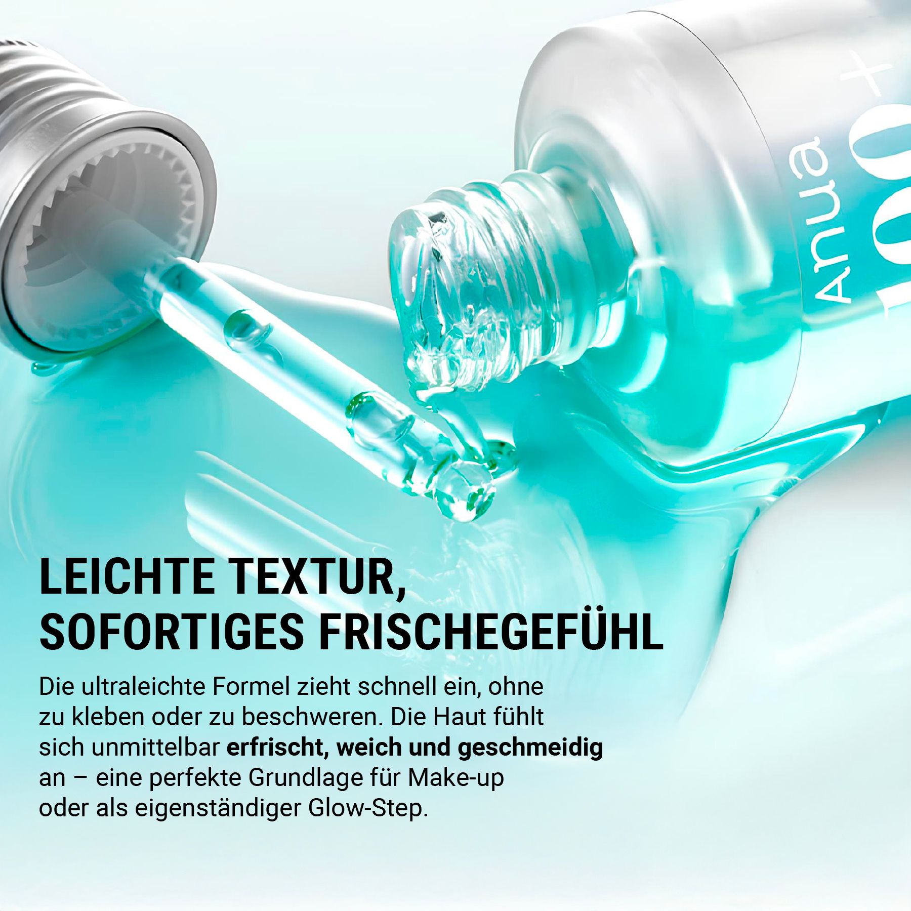 Anua Hyaluronic Acid Capsule 100 Serum Flasche mit Pipette, die Serum auf eine Hautoberfläche tropft.