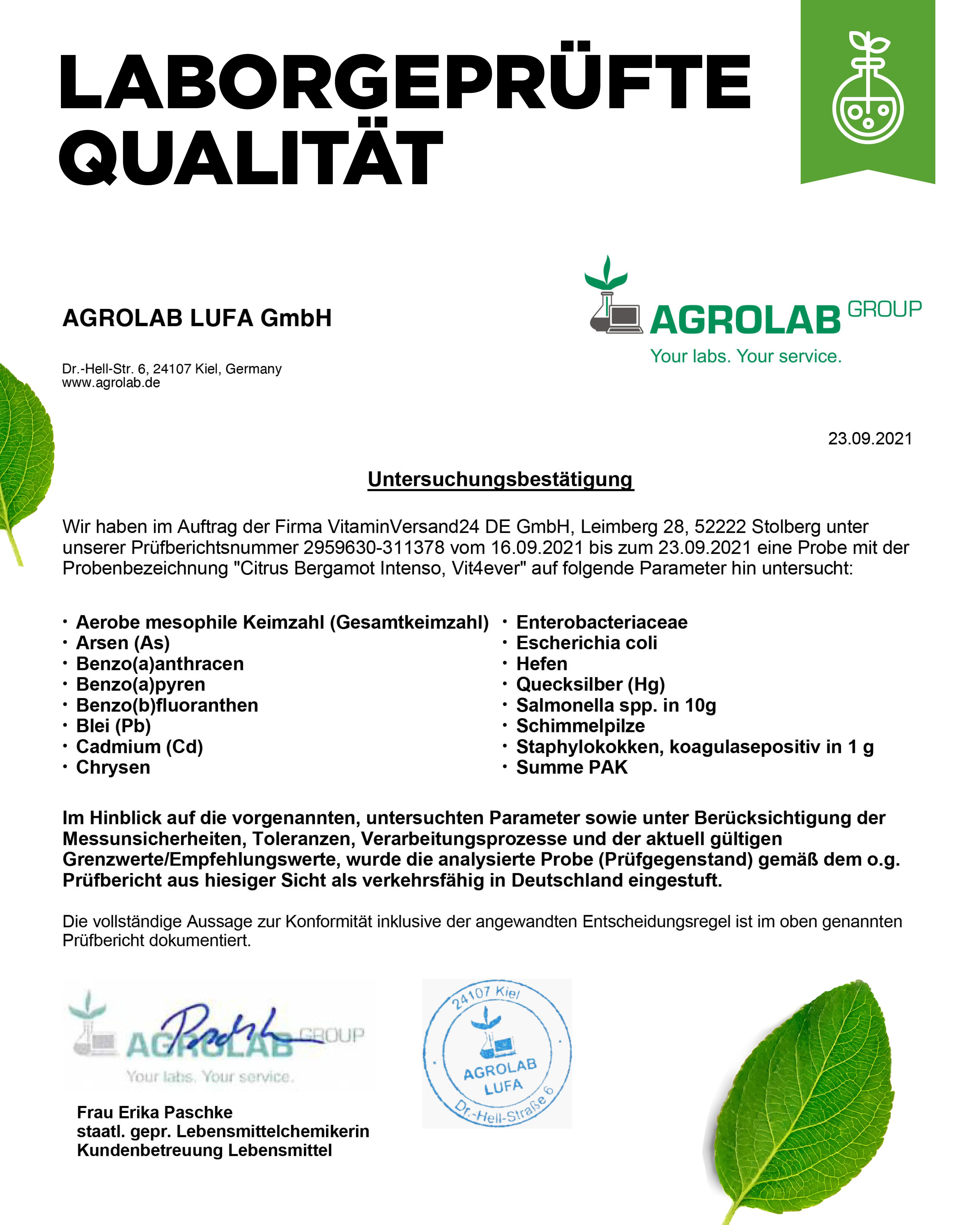 Zertifikat der Agrolab LUFA GmbH. Text: "Laborgeprüfte Qualität". Unterschriften. Logo Agrolab Group. Blatt-Illustrationen.