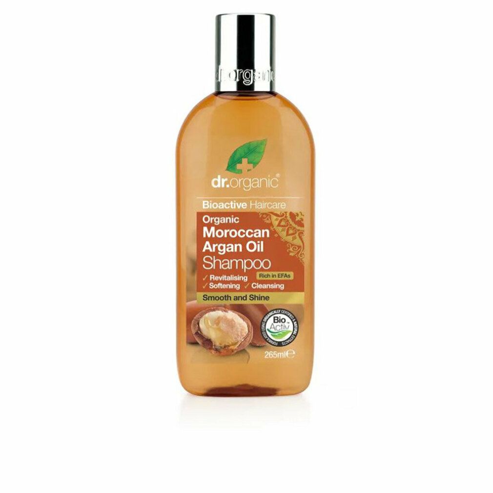 Braune Shampoo-Flasche. Aufschrift: Dr.Organic, Moroccan Argan Oil Shampoo. Mit silbernem Deckel.