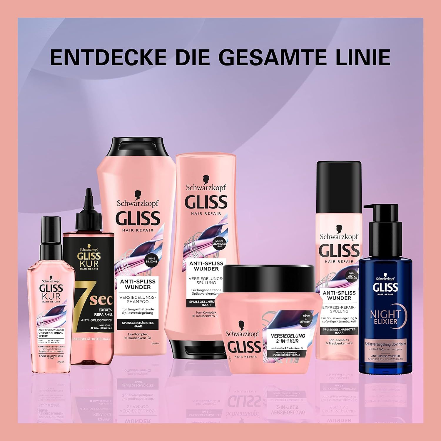 Vari prodotti Schwarzkopf Gliss su sfondo rosa. Prodotti: shampoo, balsamo, cura, oli per capelli, elisir notturno.