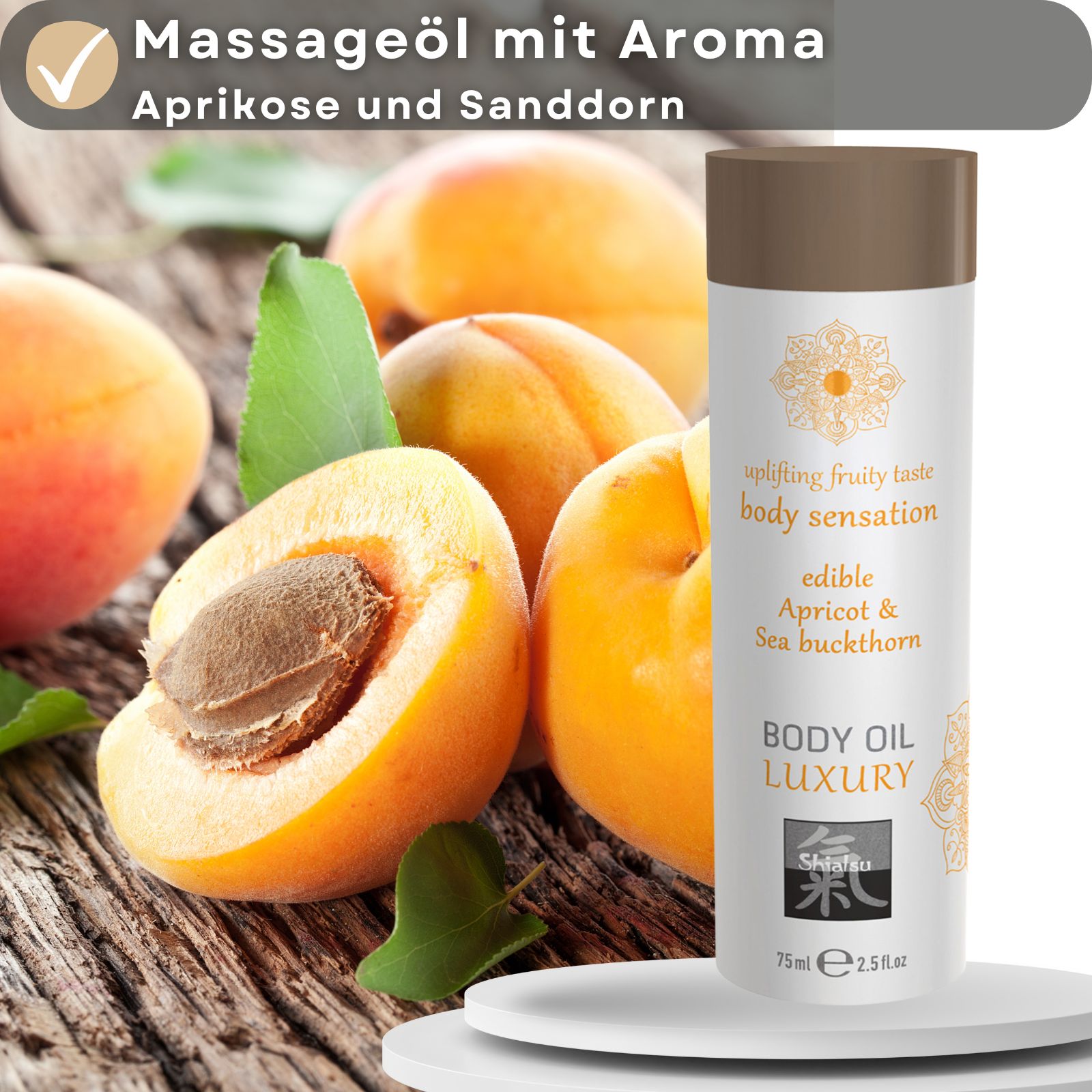 Massageöl-Flasche neben Aprikosen. Text: "Massageöl mit Aroma Aprikose und Sanddorn". Flasche: "Body Oil Luxury", "edible Apricot & Sea buckthorn".