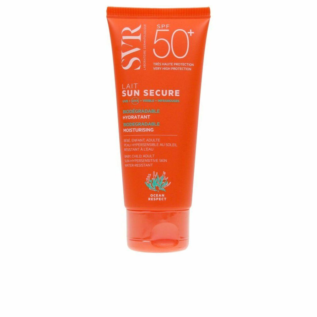 SVR Sun Secure Milch SPF50+ Sonnencreme in orangefarbener Tube mit weißem Aufdruck.