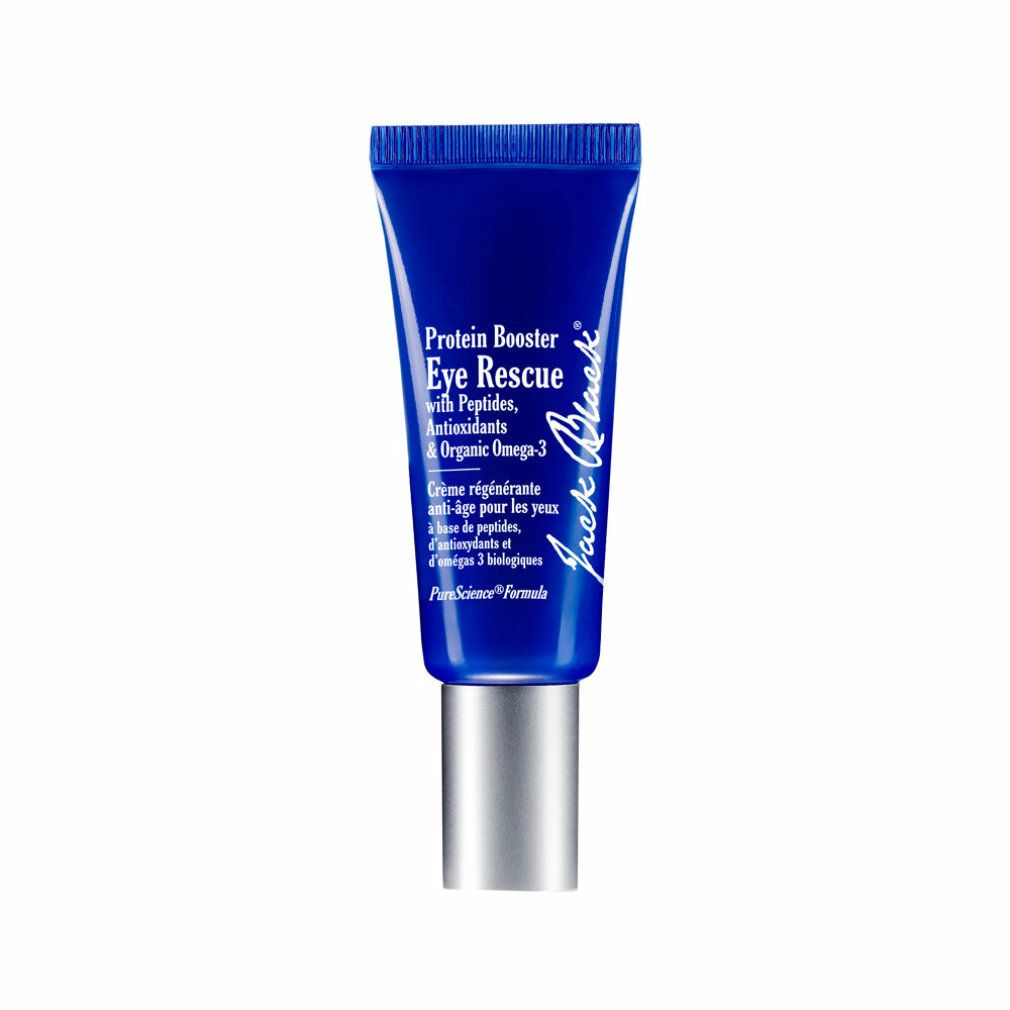 Blaue Tube mit silbernem Verschluss. Aufschrift: Protein Booster Eye Rescue. Marke: Jack Black. Mit Peptiden, Antioxidantien & Omega-3.