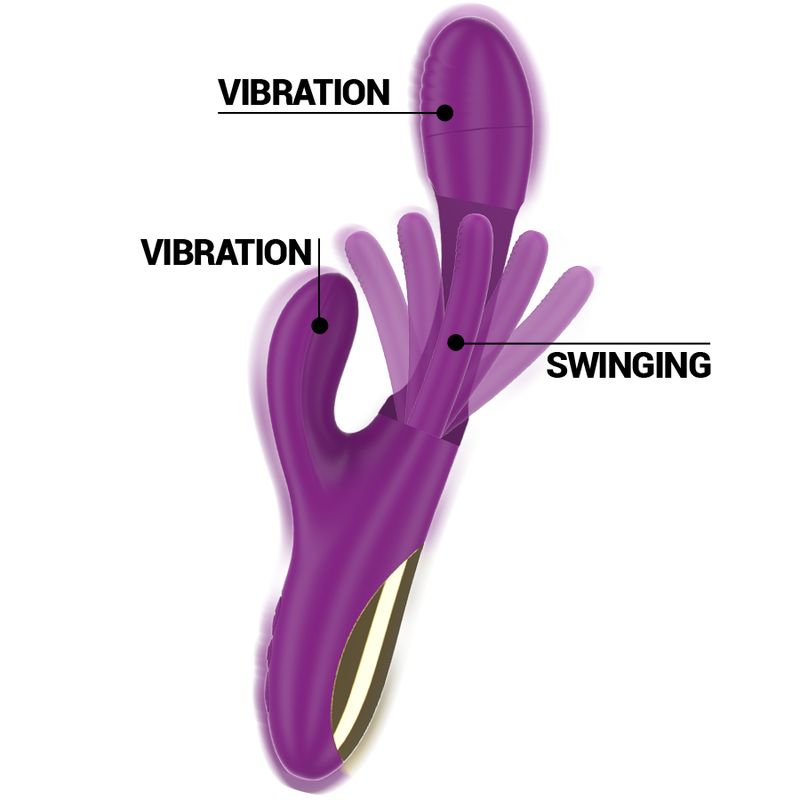 Lila Vibrator mit drei Fingern und Vibrations- und Schwingungsanzeigen. Goldfarbener Akzent am unteren Ende.