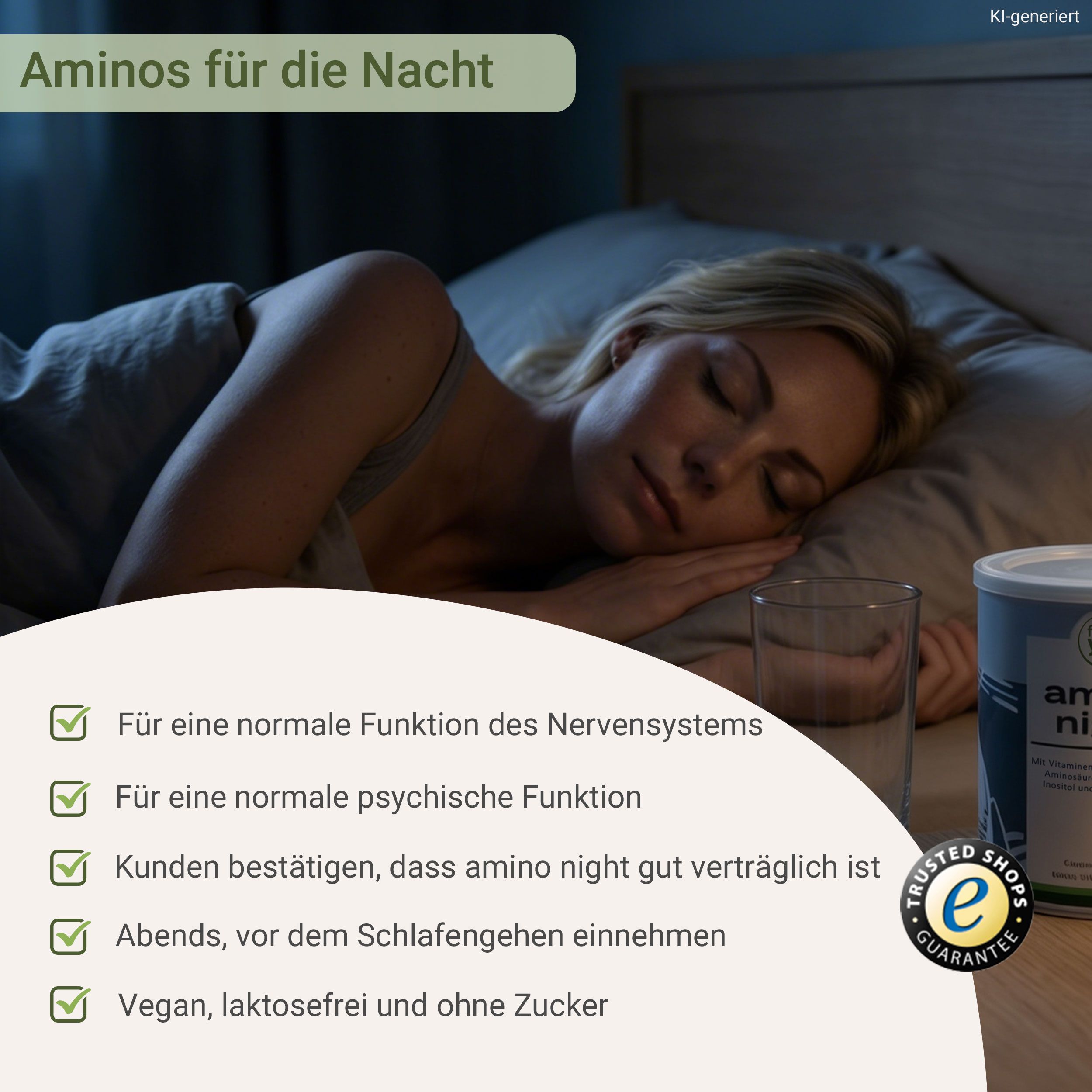 Frau schläft im Bett neben einem Glas Wasser und einer Dose Aminosäuren für die Nacht.