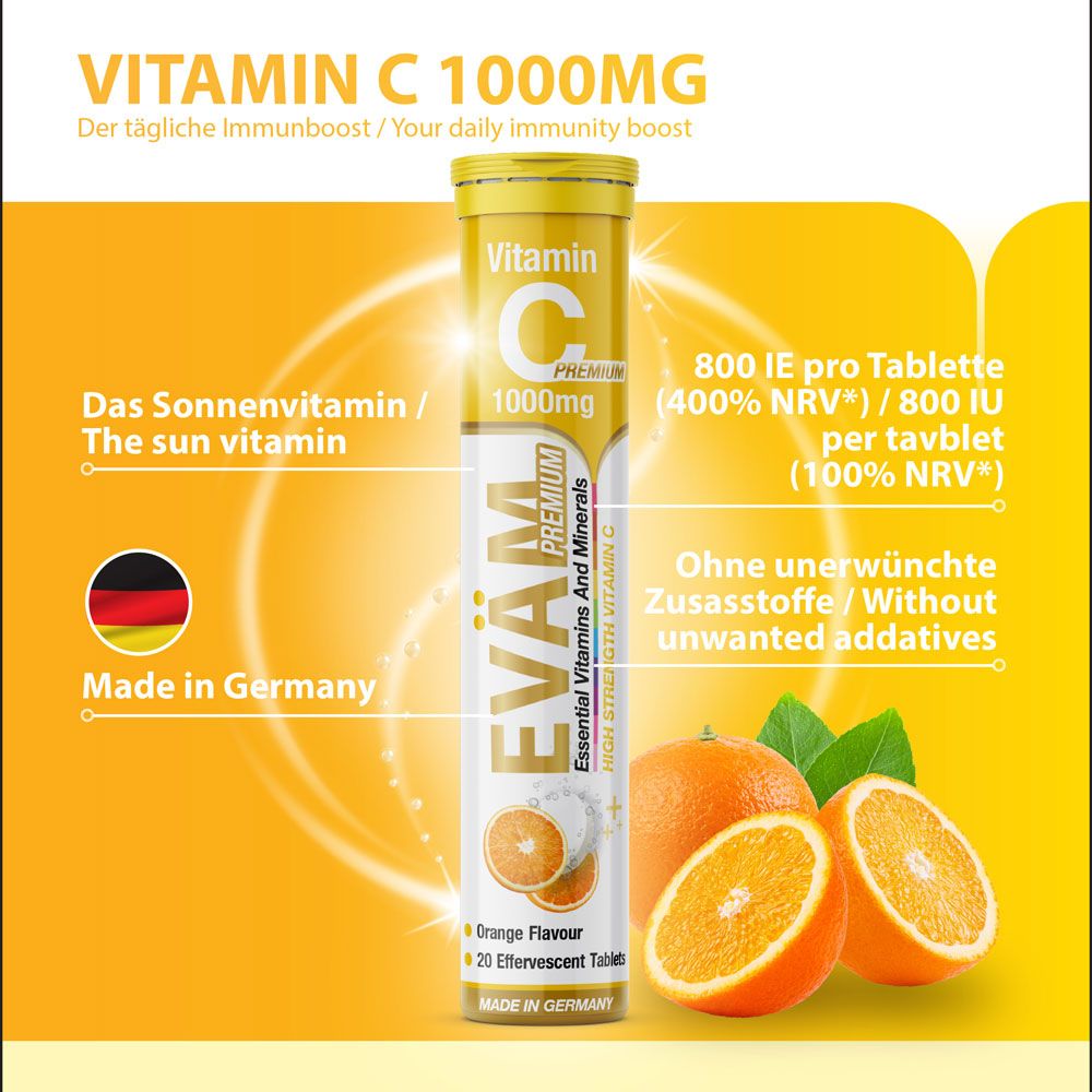 Eine Tube EVÄM Vitamin C 1000mg. Gelber Deckel, weiße Röhre mit Produktinformationen. Orangen und Grafiken im Hintergrund.