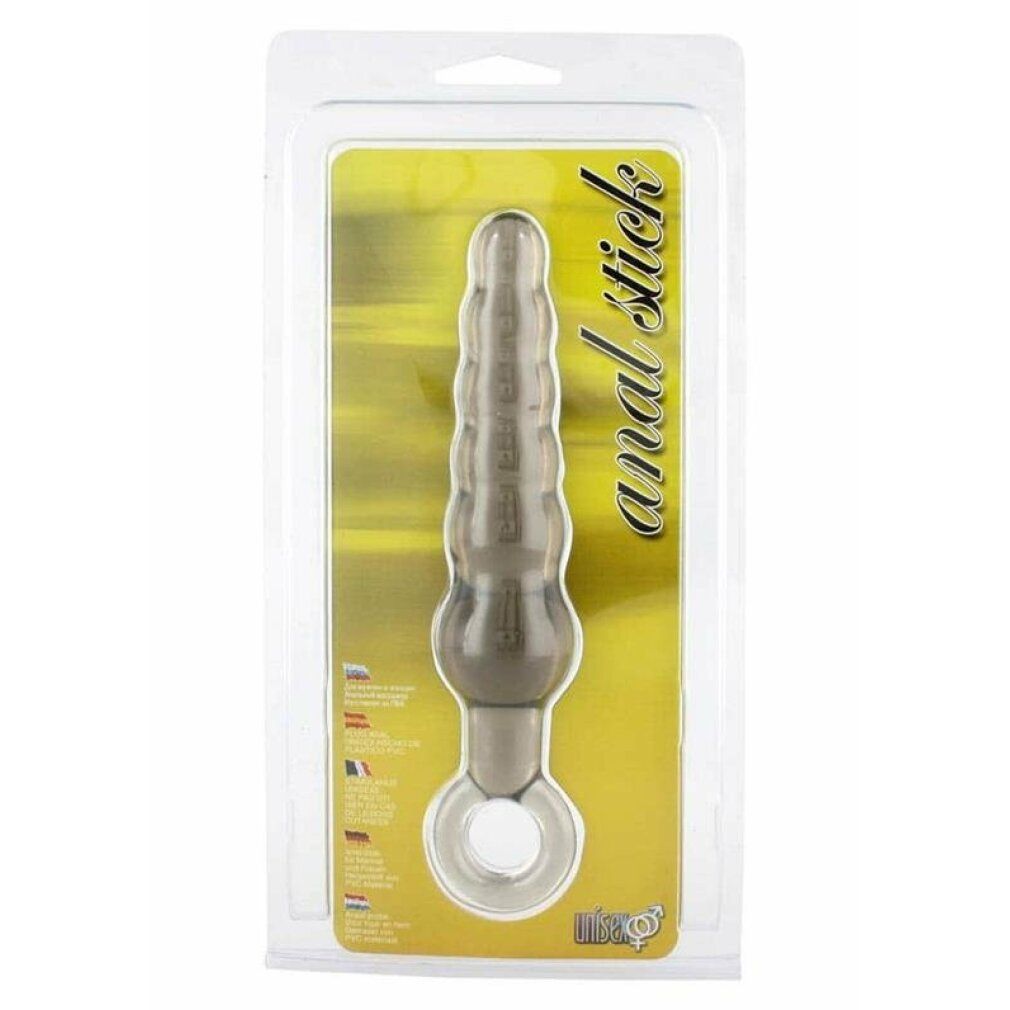 Anal-Stick in Blisterverpackung. Zylindrische Form mit geriffelter Oberfläche. Produktname 'anal stick' sichtbar.