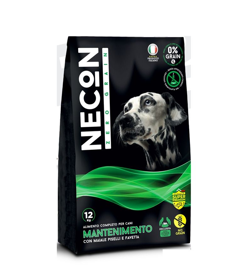 Schwarze Tüte mit Hundefutter. Aufschrift NECON ZERO GRAIN. Bild eines Dalmatiners. 12 kg, italienisches Produkt, ohne Getreide.