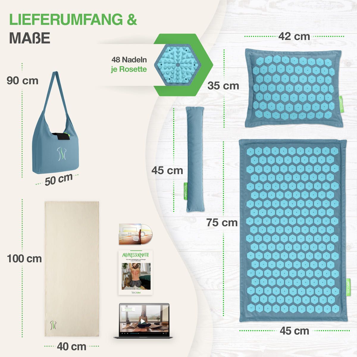 Akupressurmatten Set. Enthält Matte, Kissen, Rolle, Tasche, Baumwolltuch, DVD und Broschüre. Maße: Matte 100x45cm, Kissen 42x35cm, Tasche 90x50cm.