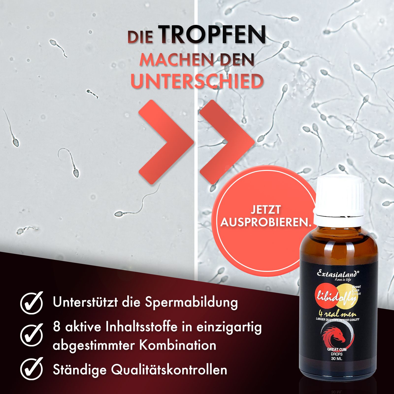 Spermien unter dem Mikroskop. Flasche Libidofly® GreatCum Drops. Text: Die Tropfen machen den Unterschied.