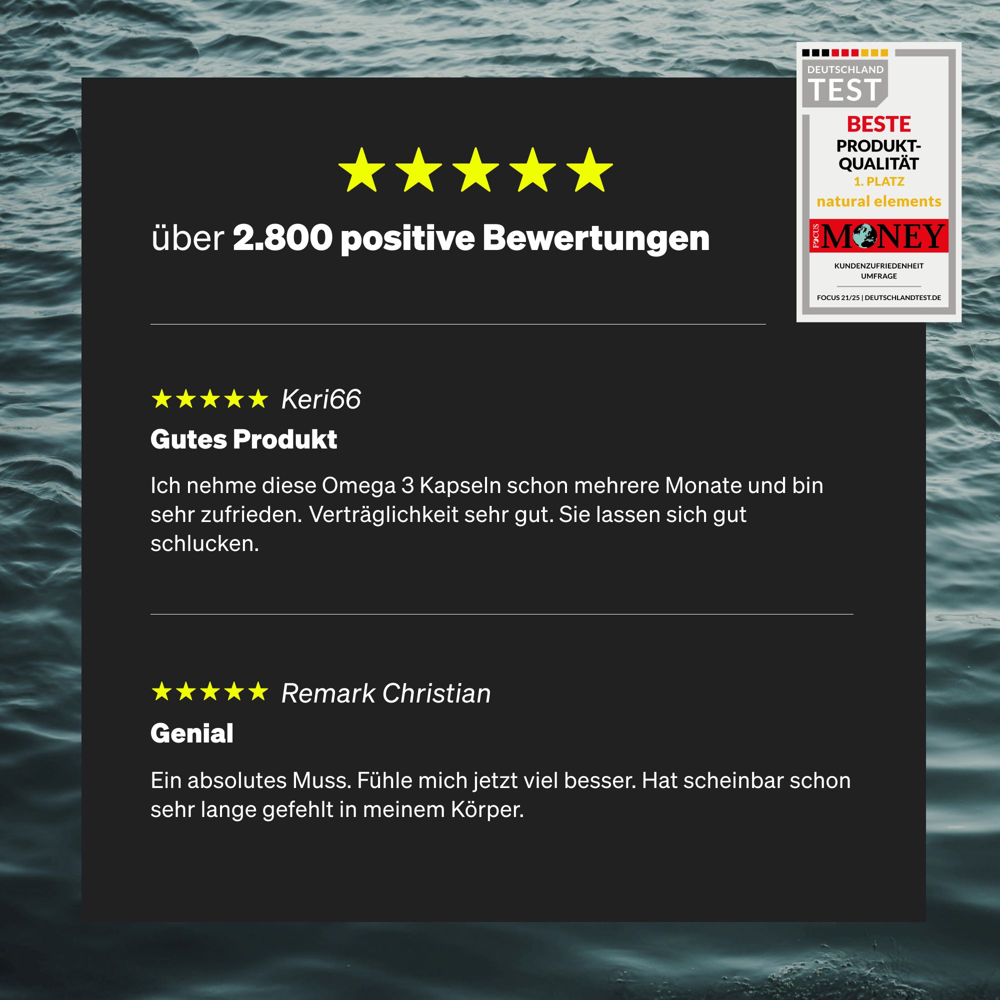 Bewertungen von Kunden. Text: Über 2.800 positive Bewertungen. Logo: Beste Produkt-Qualität.