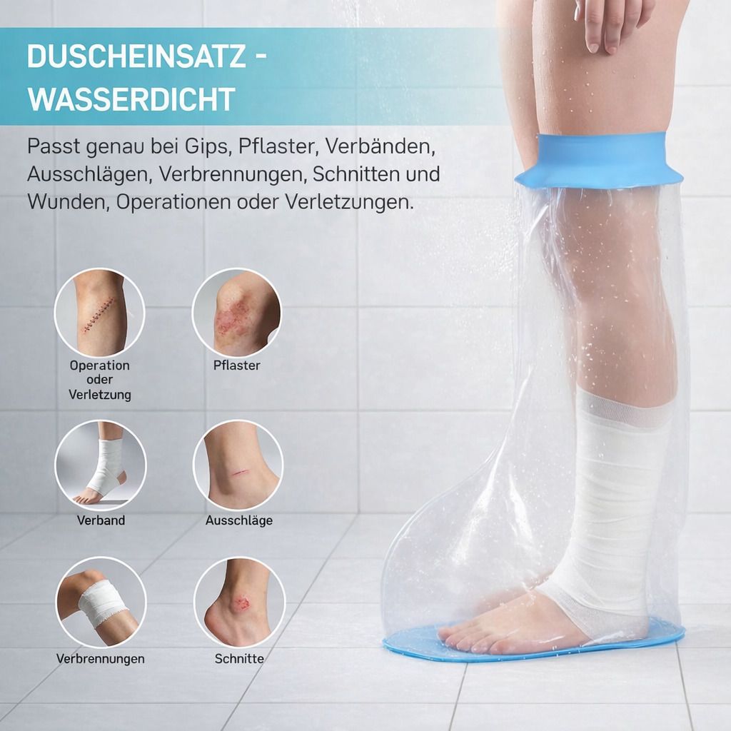 Wasserdichte Duschschutzhülle für Bein. Transparent mit blauem Silikonring. Für Gips, Verbände, Wunden, Operationen. Bein mit Verband.