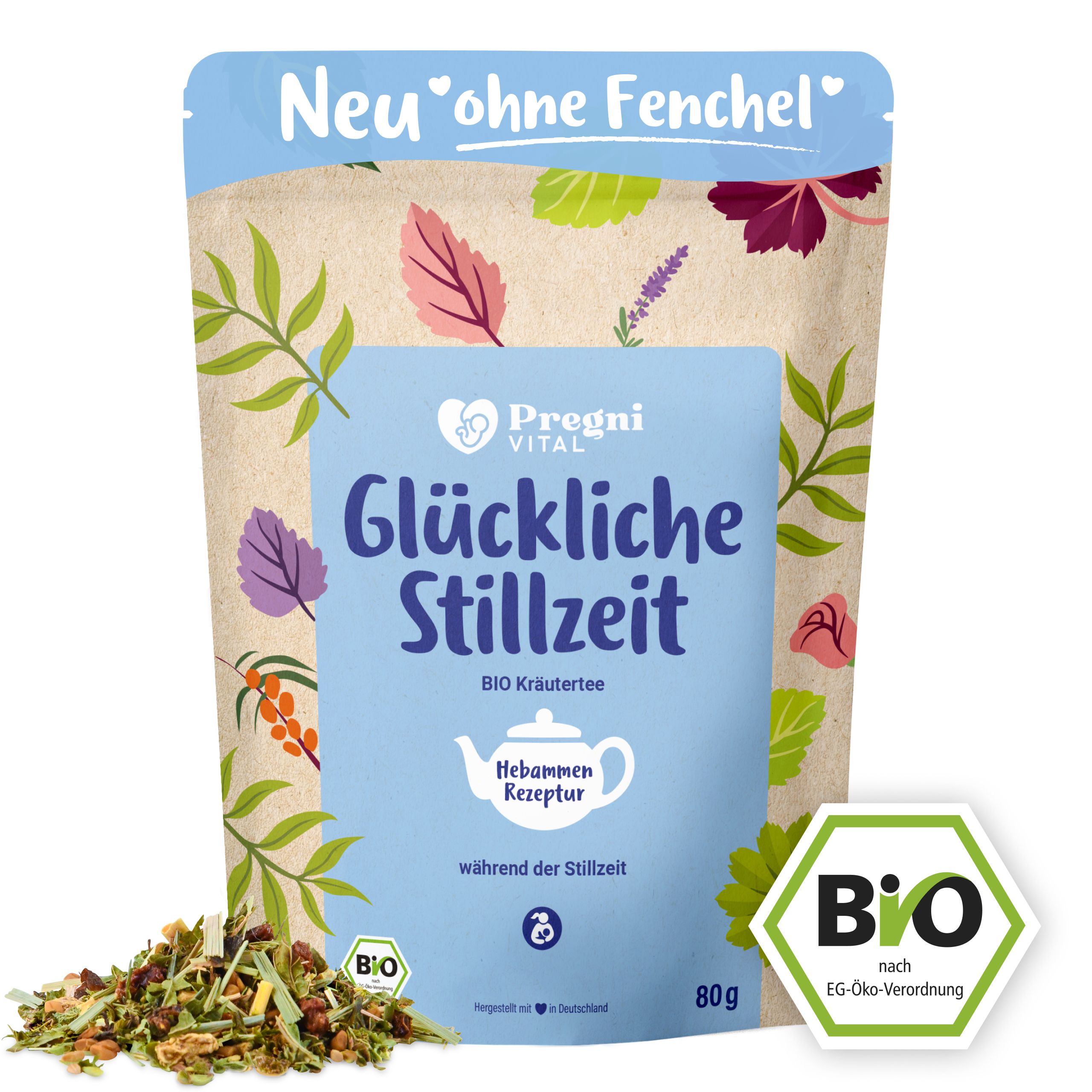 Beutel mit BIO Kräutertee für die Stillzeit, mit Blätter- und Blütenmuster.