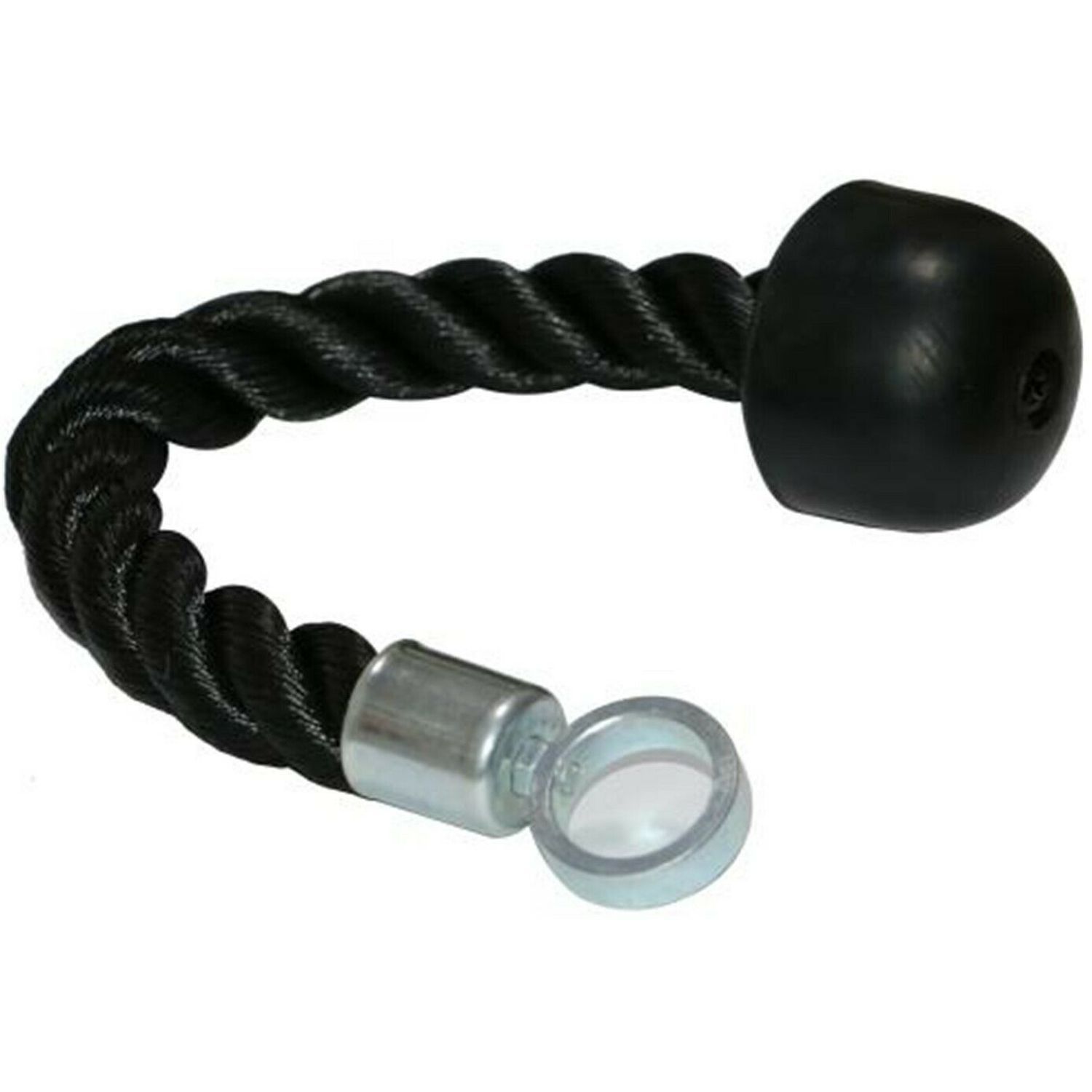 Schwarzes Trizepsseil mit Metallösen und Griff. Das Seil ist gewellt und gebogen. Der Griff ist zylindrisch.